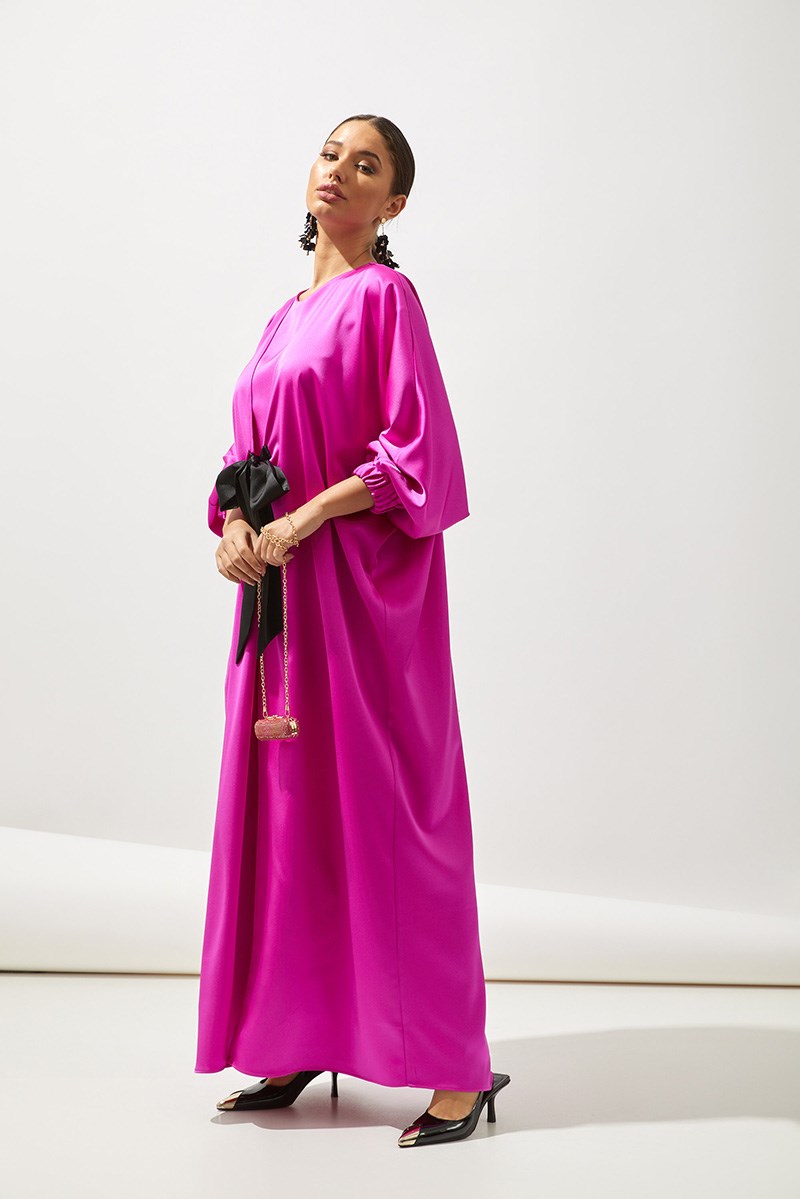 SATIN BOW ABAYA - PINK