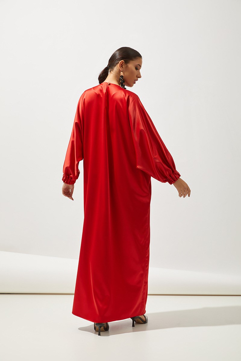 SATIN BOW ABAYA-RED