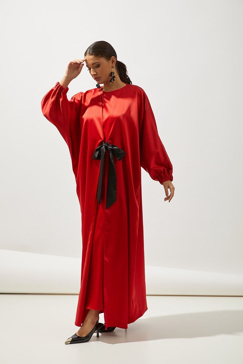SATIN BOW ABAYA-RED