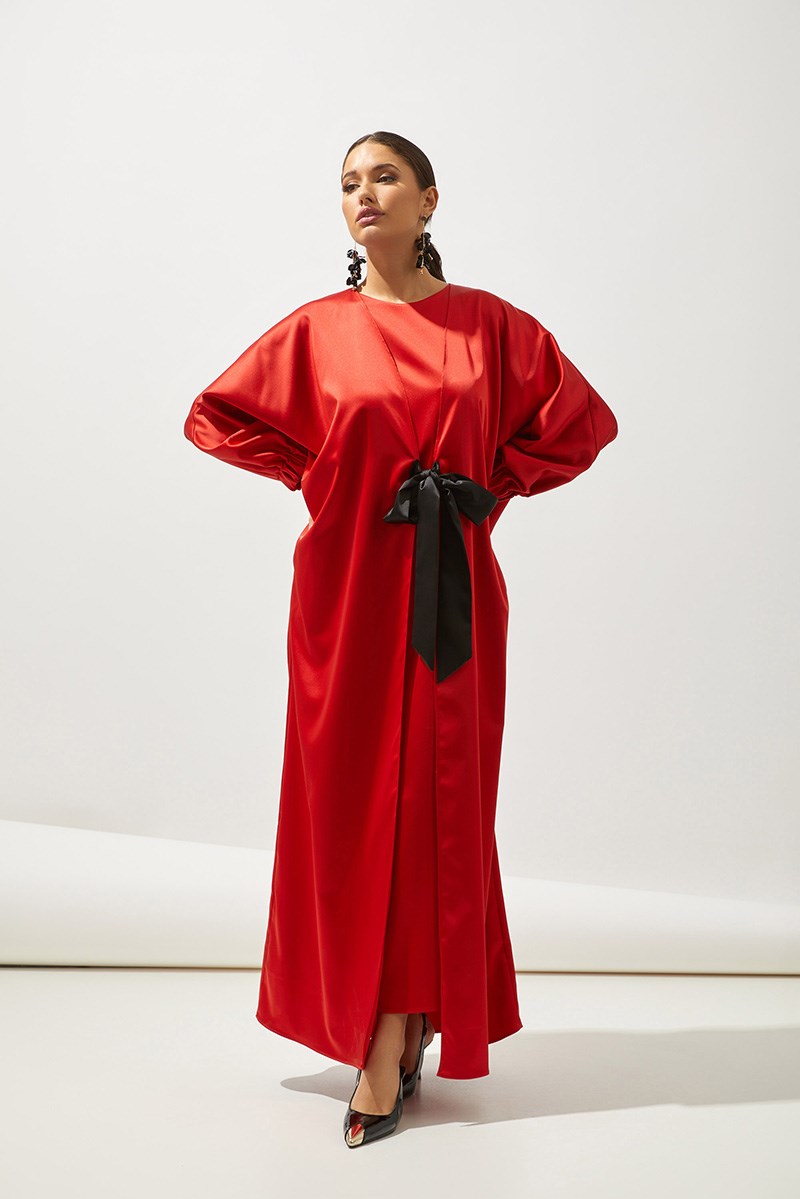 SATIN BOW ABAYA-RED