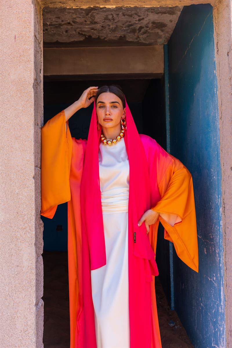 SATIN KAFTAN ABAYA-FUŞYA TURUNCU
