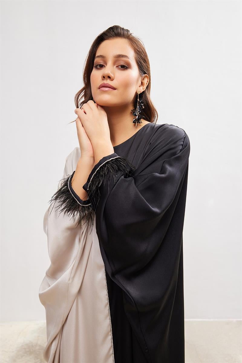 Silk Touch Two Color Kaftan - BLACK-BEIGE
