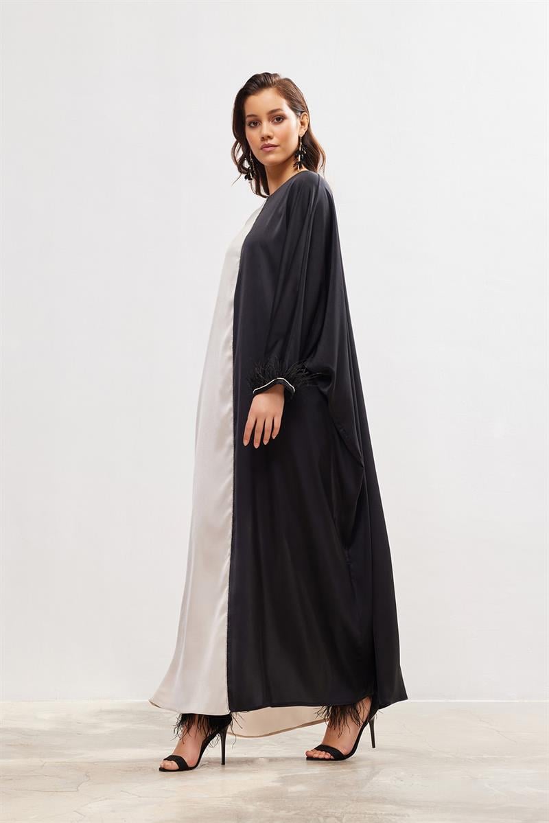 Silk Touch Two Color Kaftan - BLACK-BEIGE