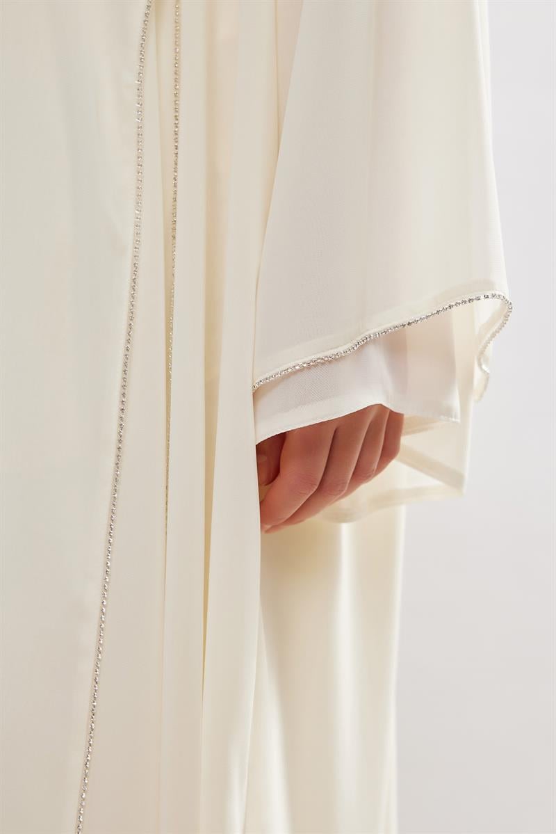 Stone Detail Chiffon Abaya - CREAM
