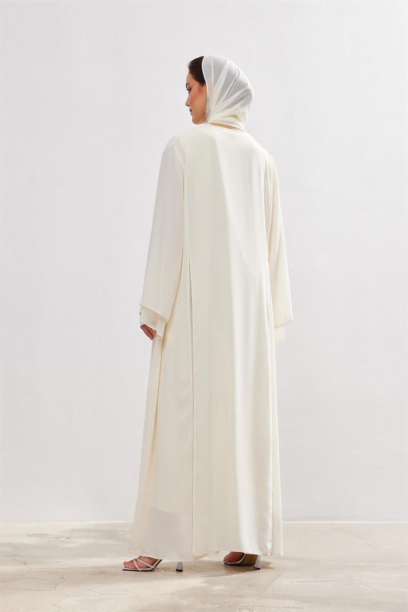 Stone Detail Chiffon Abaya - CREAM