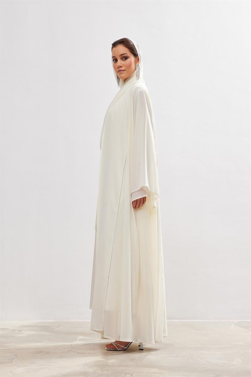 Stone Detail Chiffon Abaya - CREAM