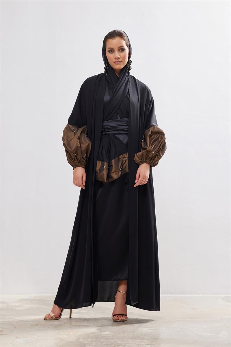 Taffeta Details Abaya - BROWN-BLACK