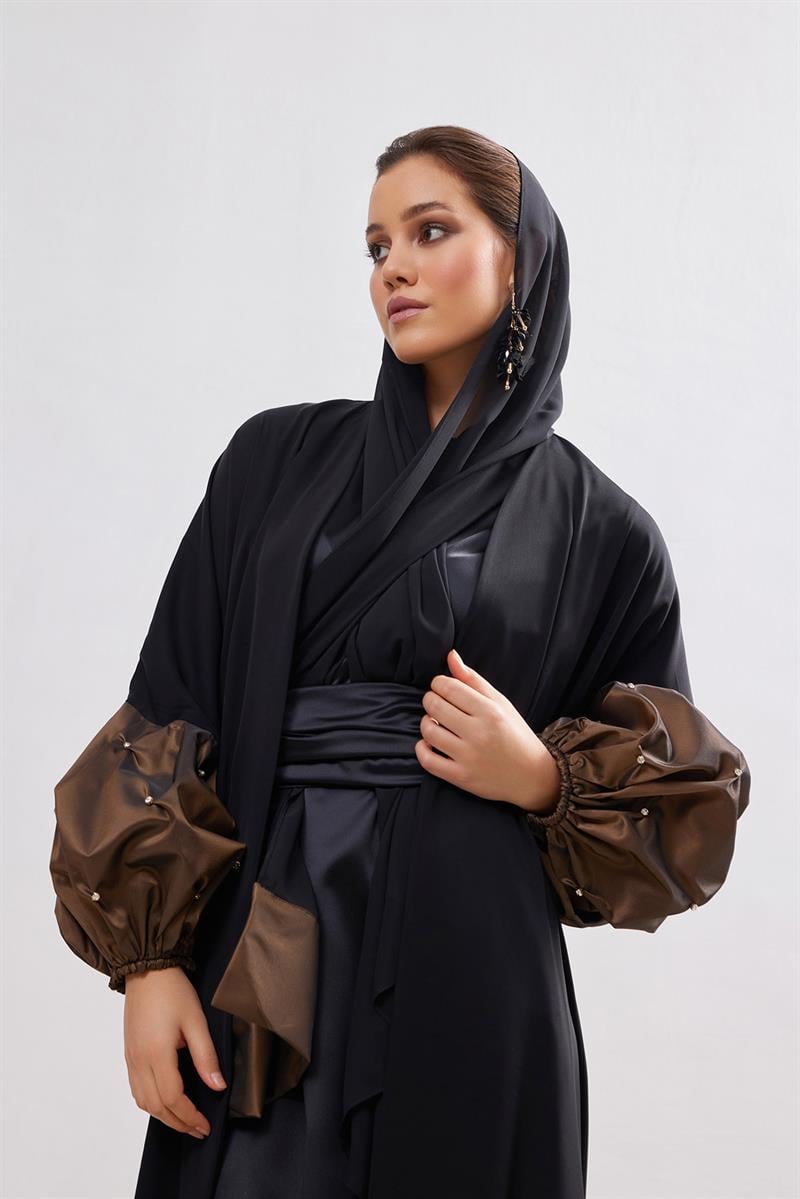 Taffeta Details Abaya - BROWN-BLACK