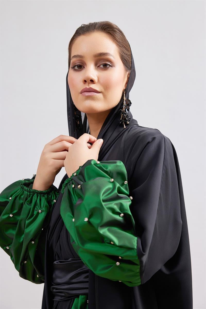 Taffeta Details Abaya - GREEN-BLACK