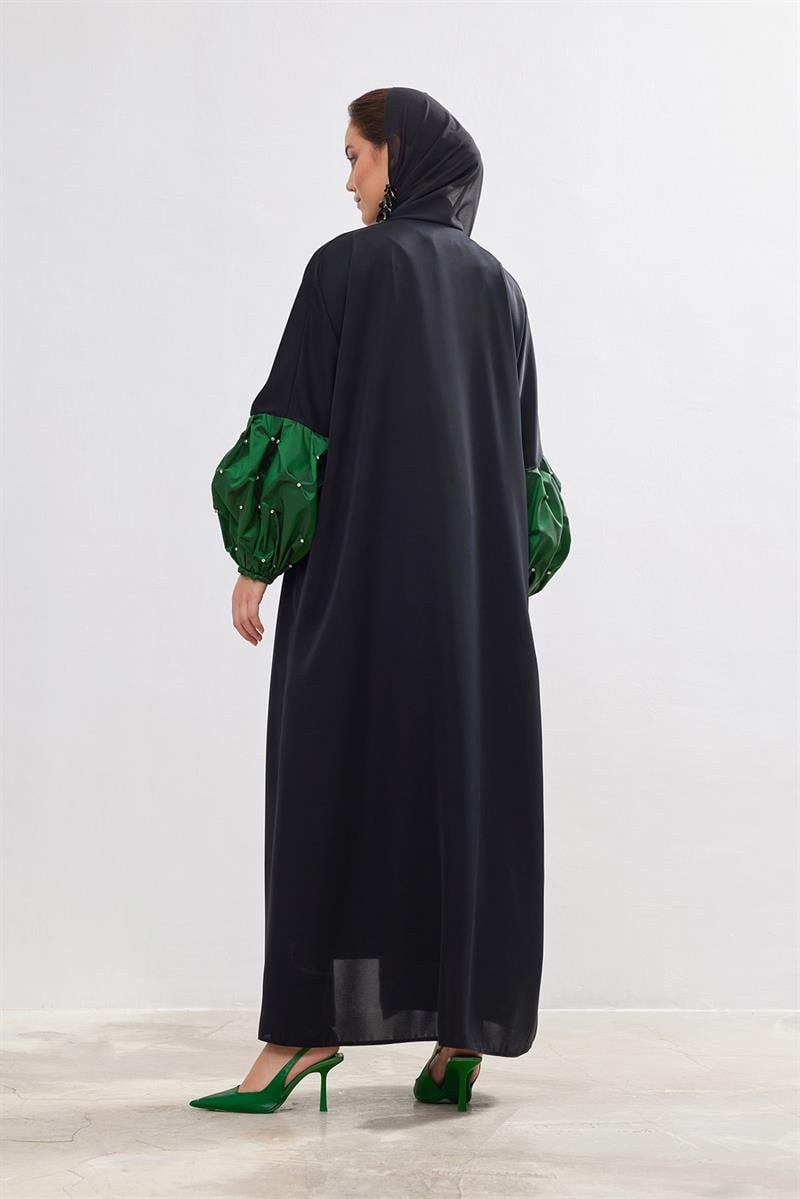 Taffeta Details Abaya - GREEN-BLACK