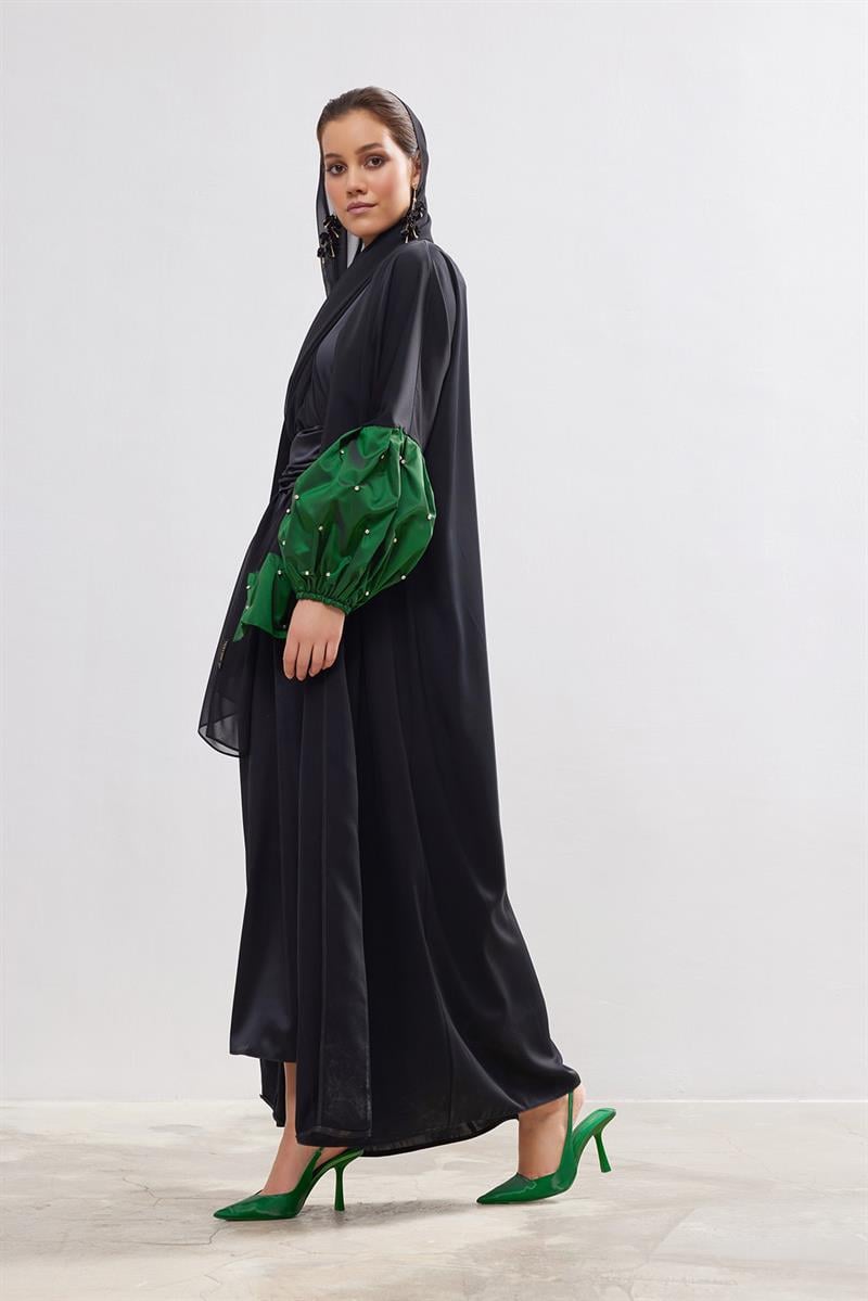 Taffeta Details Abaya - GREEN-BLACK