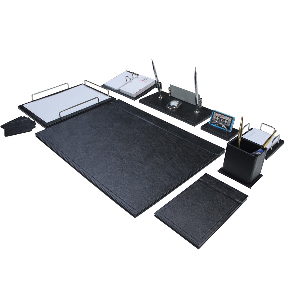 Fetih Evrak Raflı Saatli İsimlikli 12 Parça Lüks Siyah Sümen Takımı