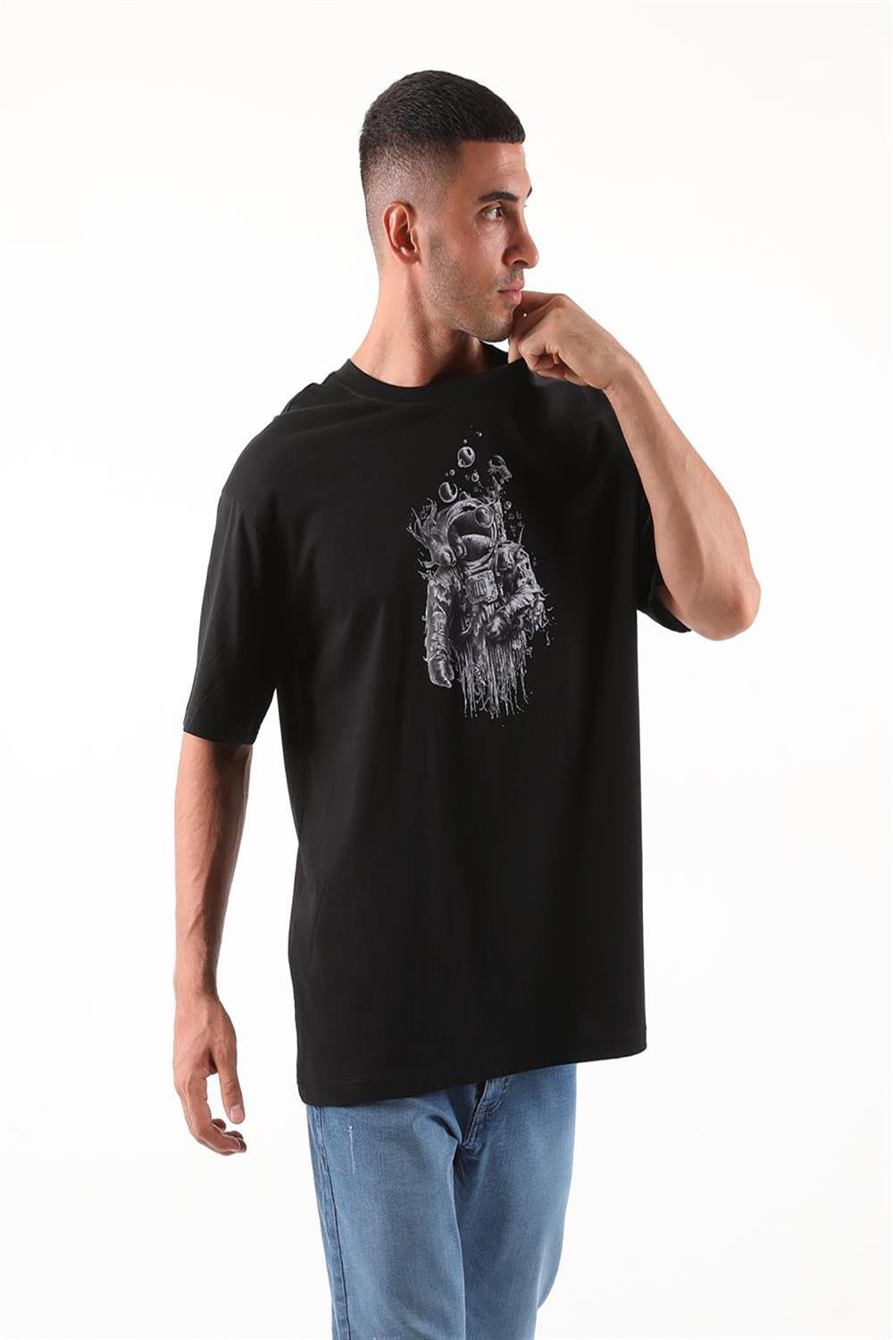 Astranot Baskılı Oversize Erkek Tshirt-SİYAH