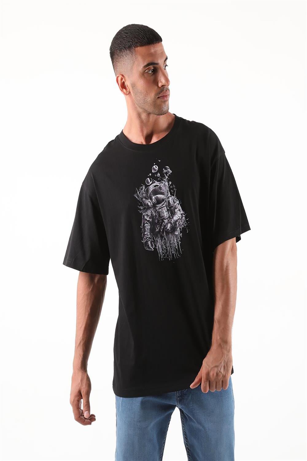 Astranot Baskılı Oversize Erkek Tshirt-SİYAH