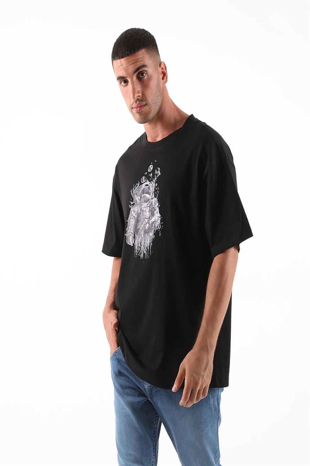 Astranot Baskılı Oversize Erkek Tshirt-SİYAH