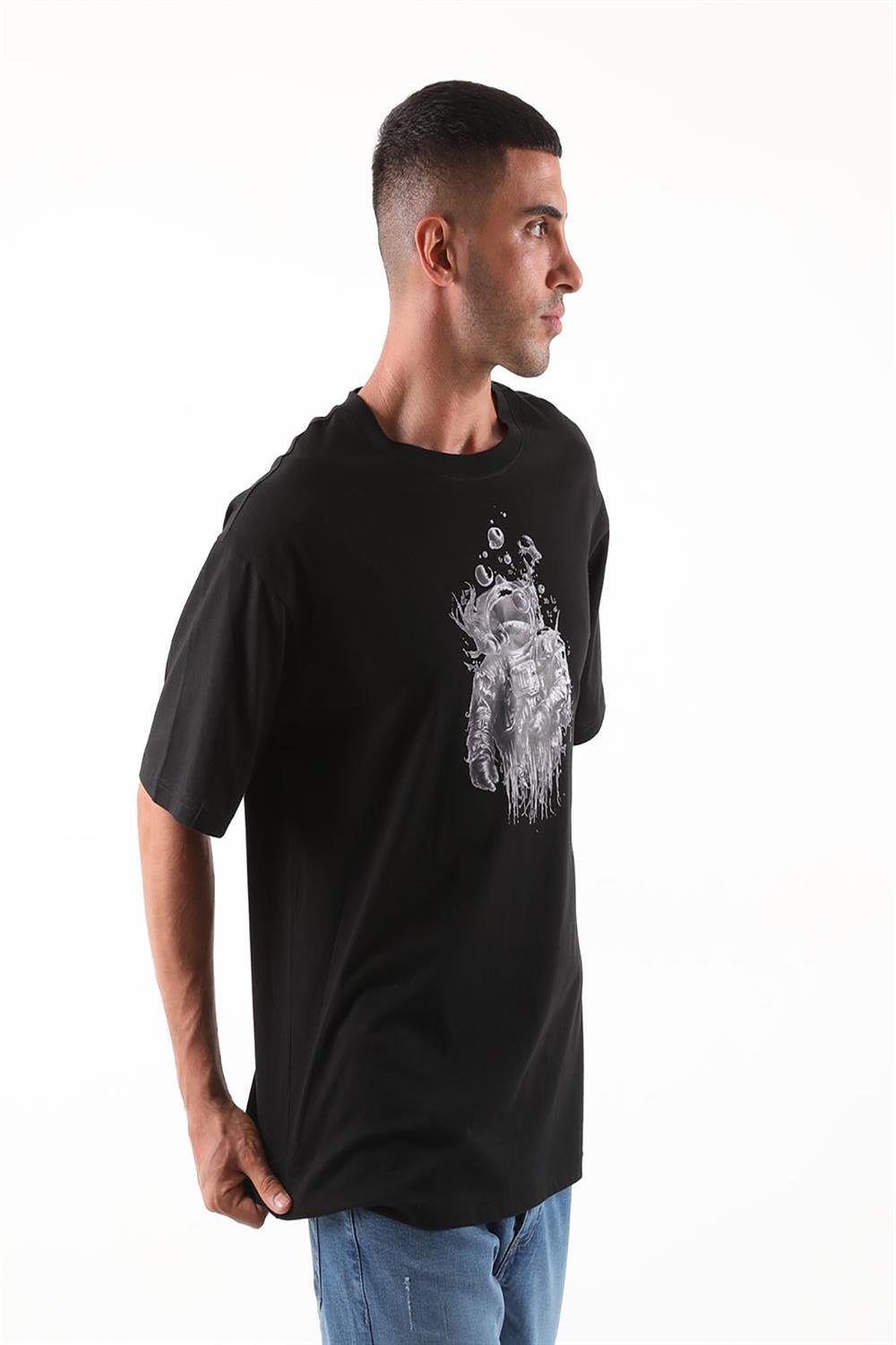 Astranot Baskılı Oversize Erkek Tshirt-SİYAH