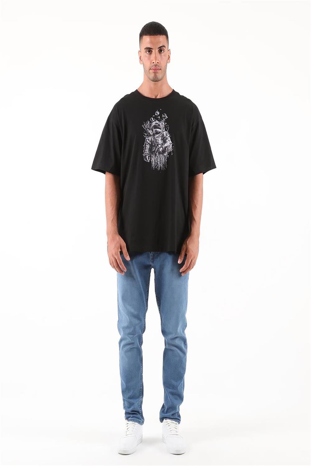 Astranot Baskılı Oversize Erkek Tshirt-SİYAH