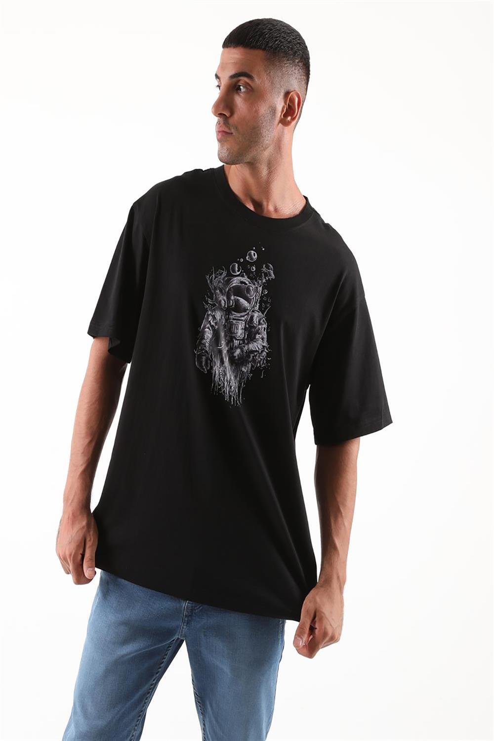 Astranot Baskılı Oversize Erkek Tshirt-SİYAH