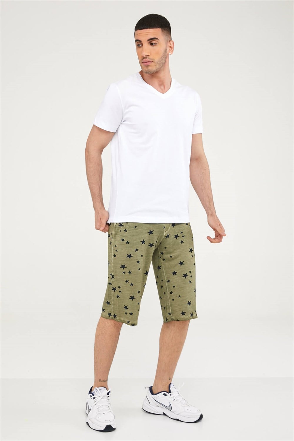 V Yaka Erkek Basic Tshirt-BEYAZ