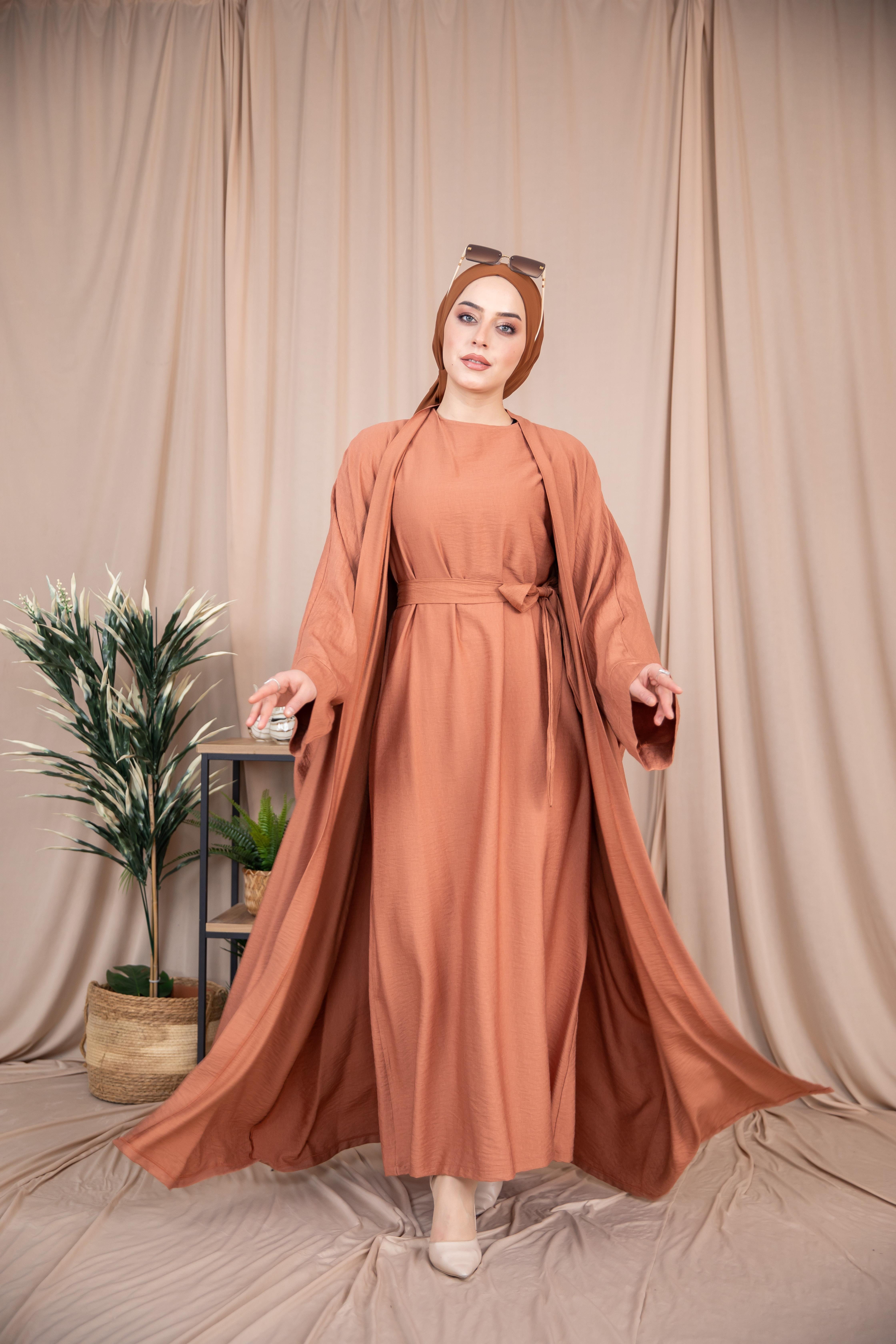 2'li Takım Keten Abaya - Taba