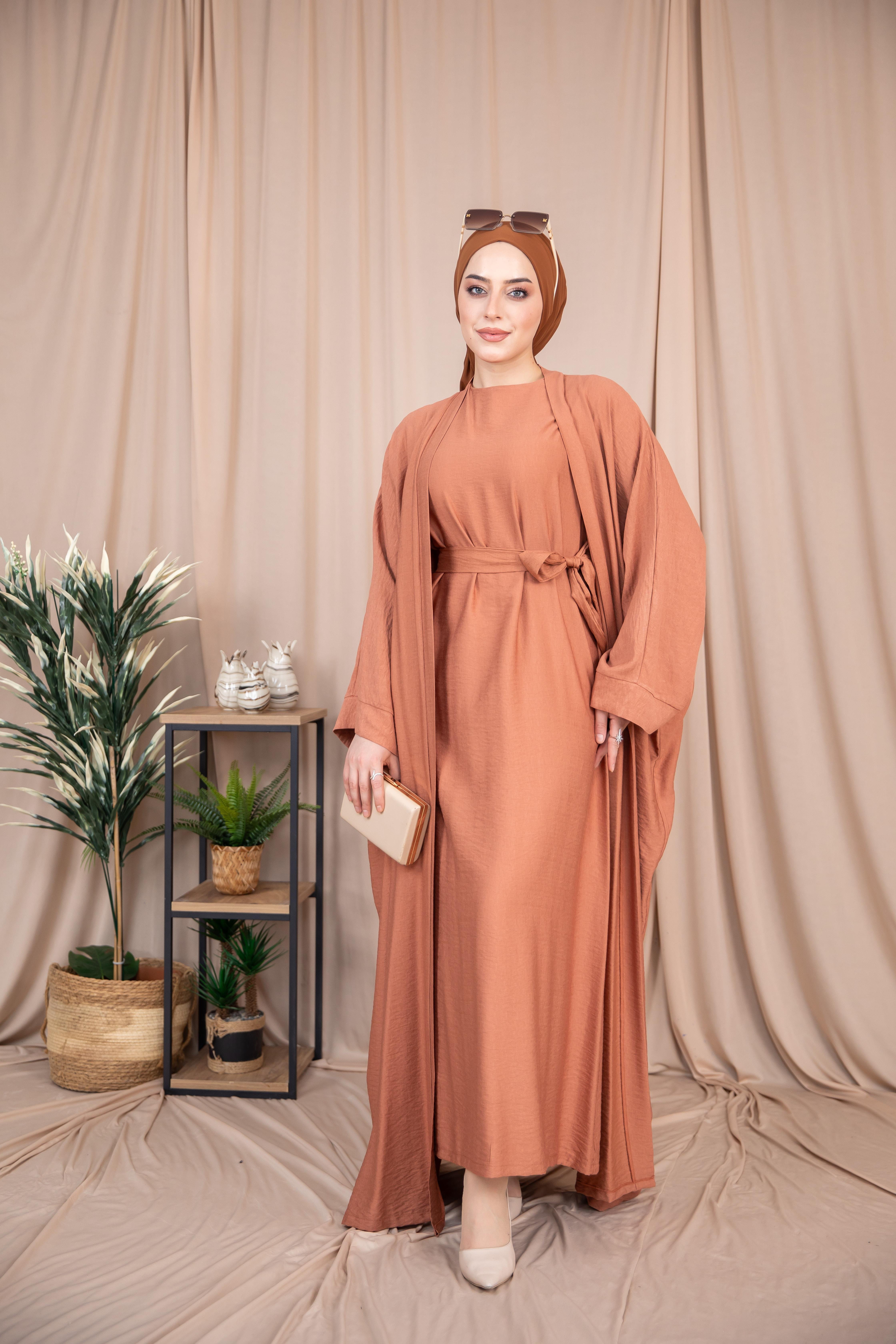 2'li Takım Keten Abaya - Taba