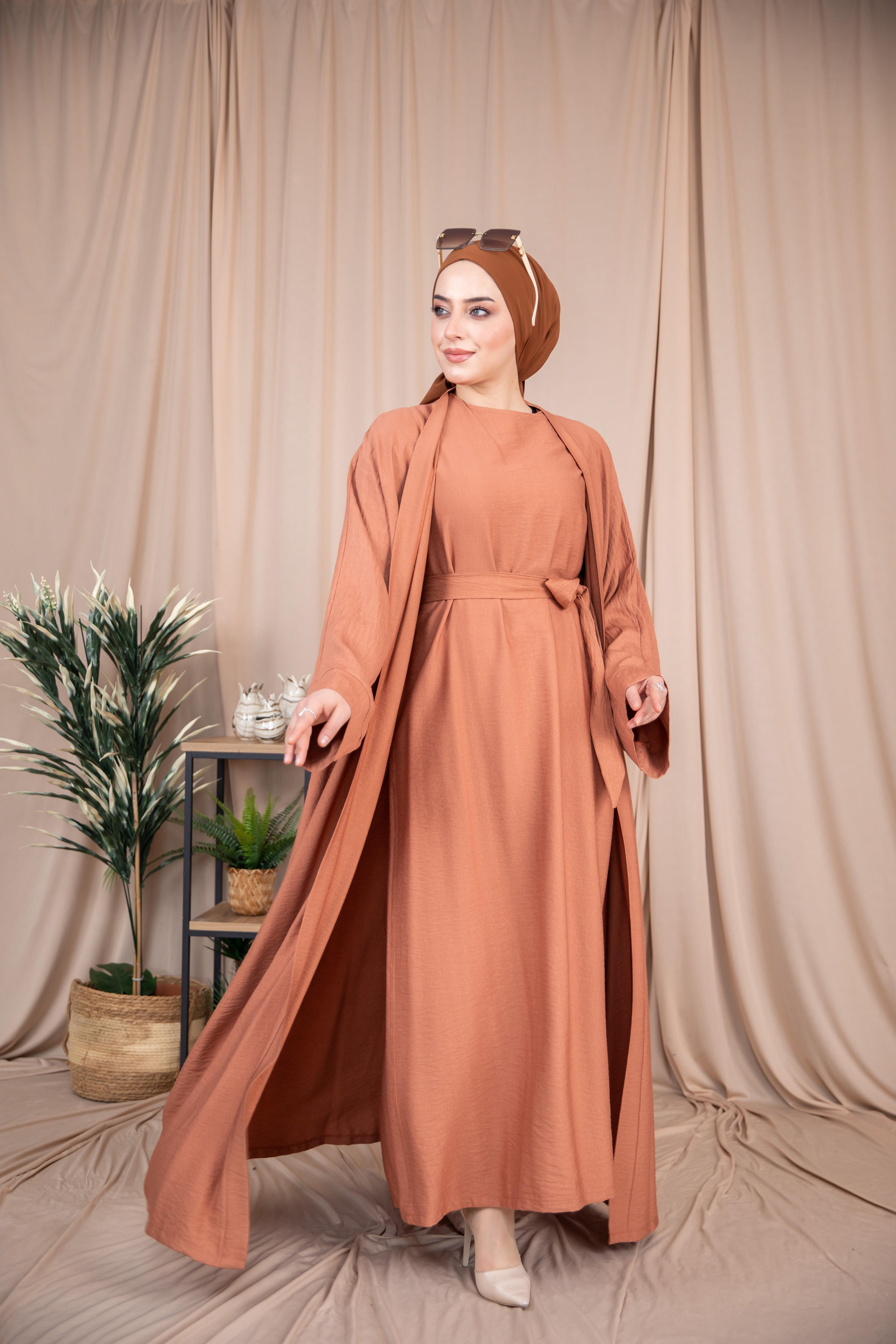 2'li Takım Keten Abaya - Taba
