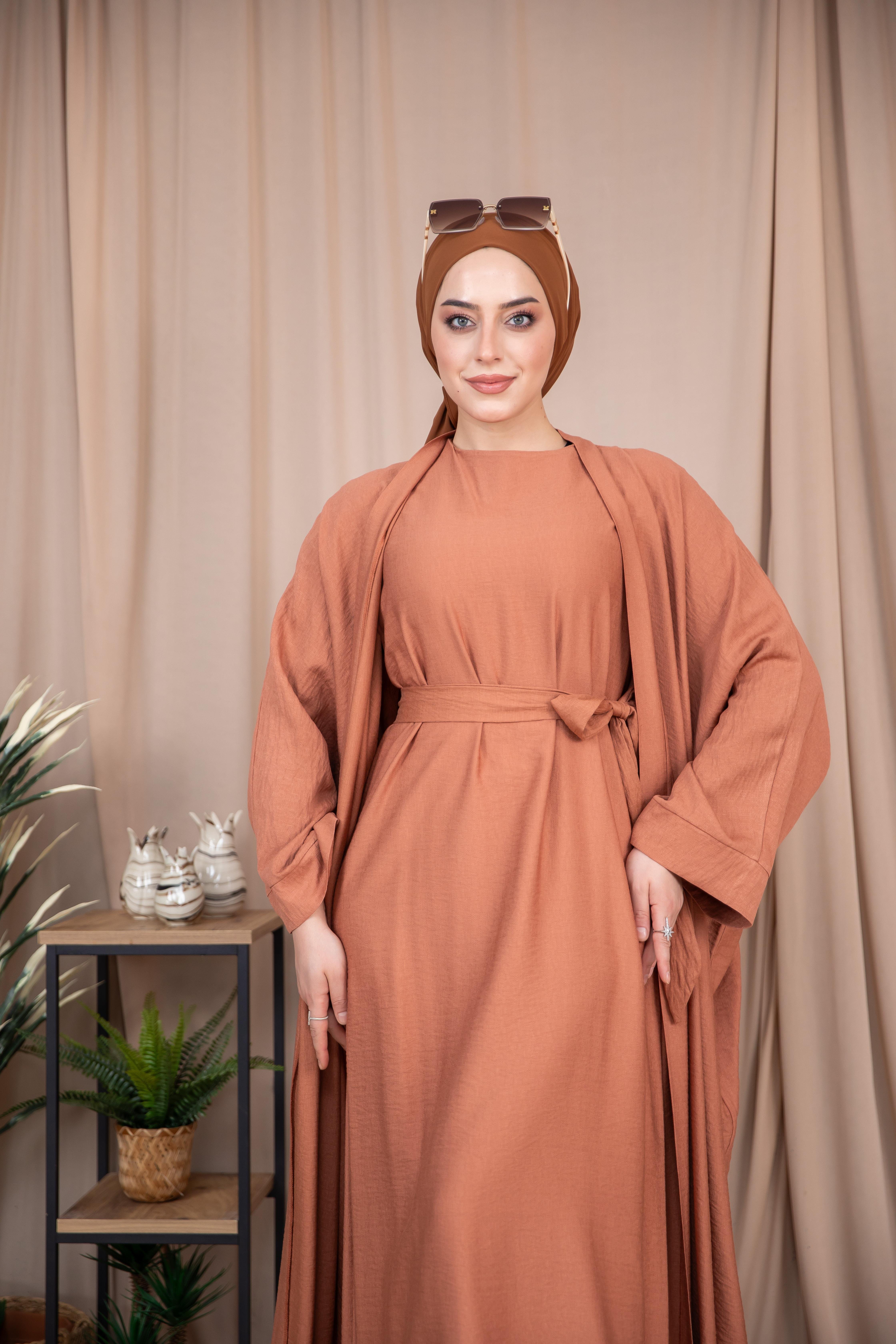 2'li Takım Keten Abaya - Taba