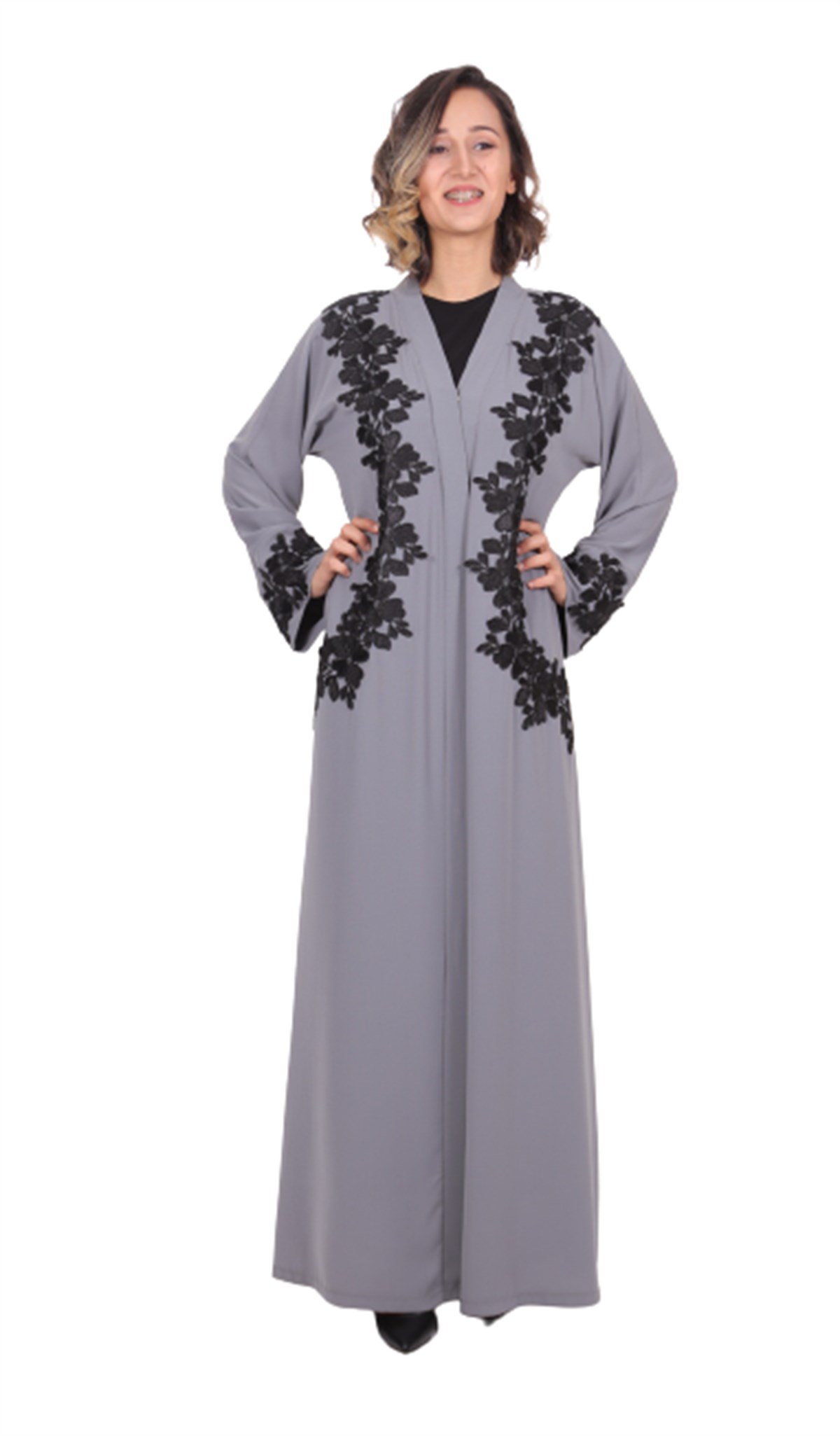 3 Boyutlu Dantel Abaya - Füme