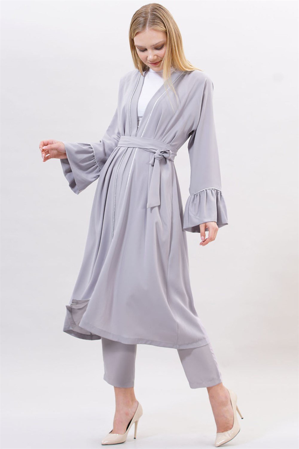 Biyeli Kimono - Açık Gri