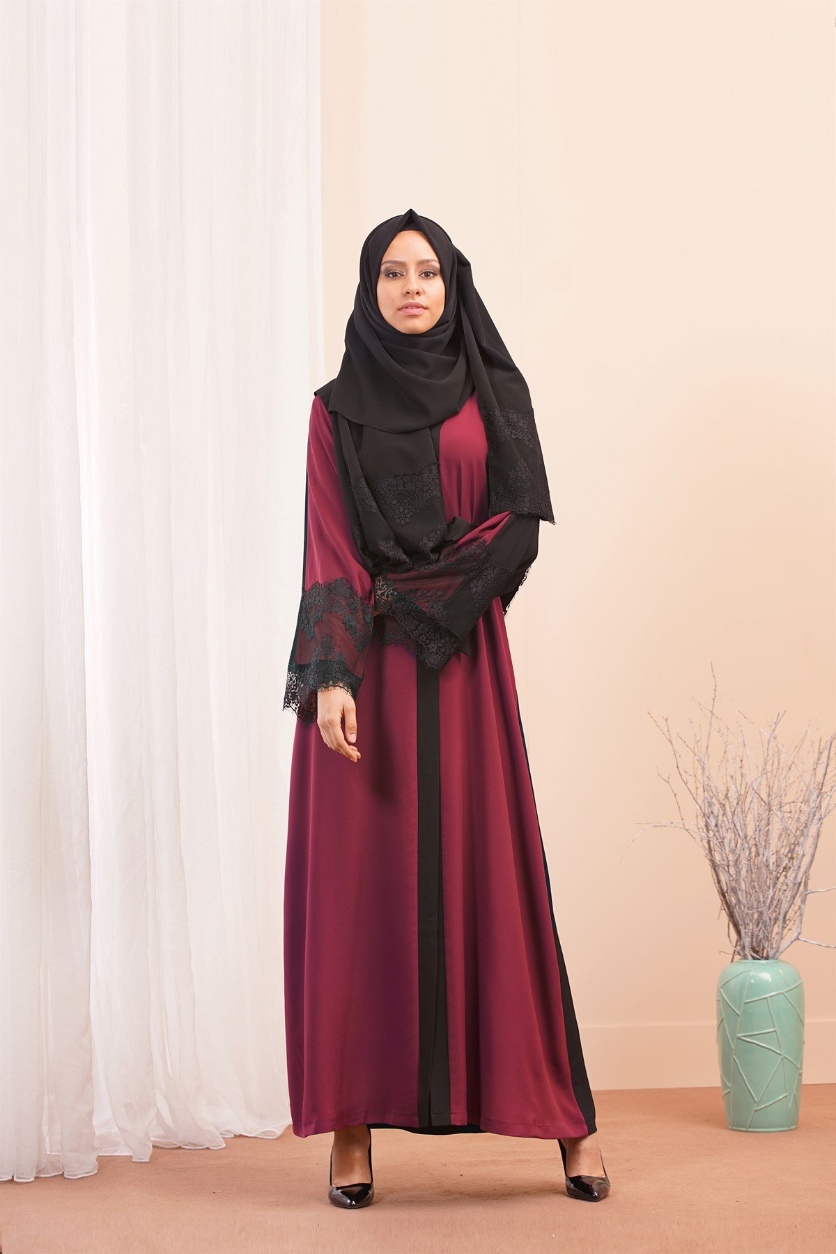 Çift Renkli Abaya - Bordo