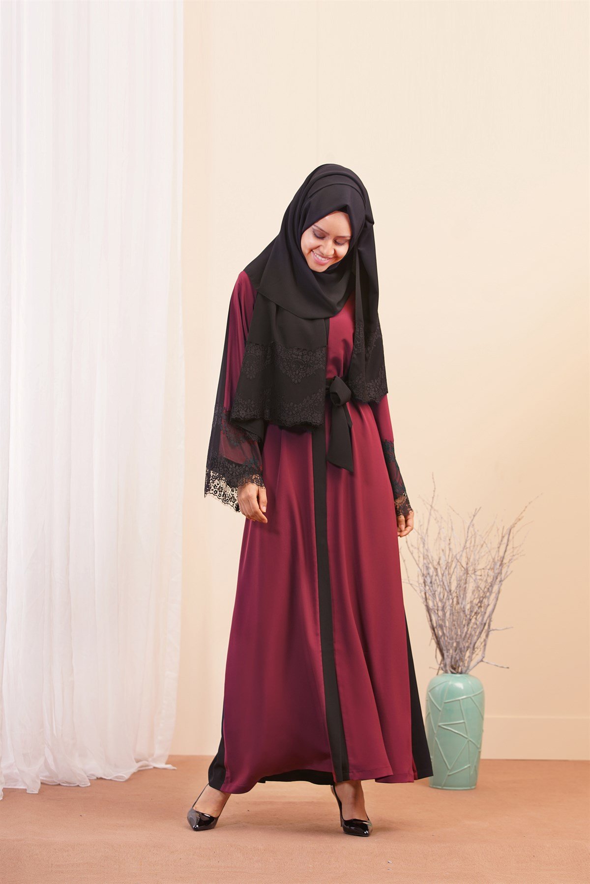 Çift Renkli Abaya - Bordo