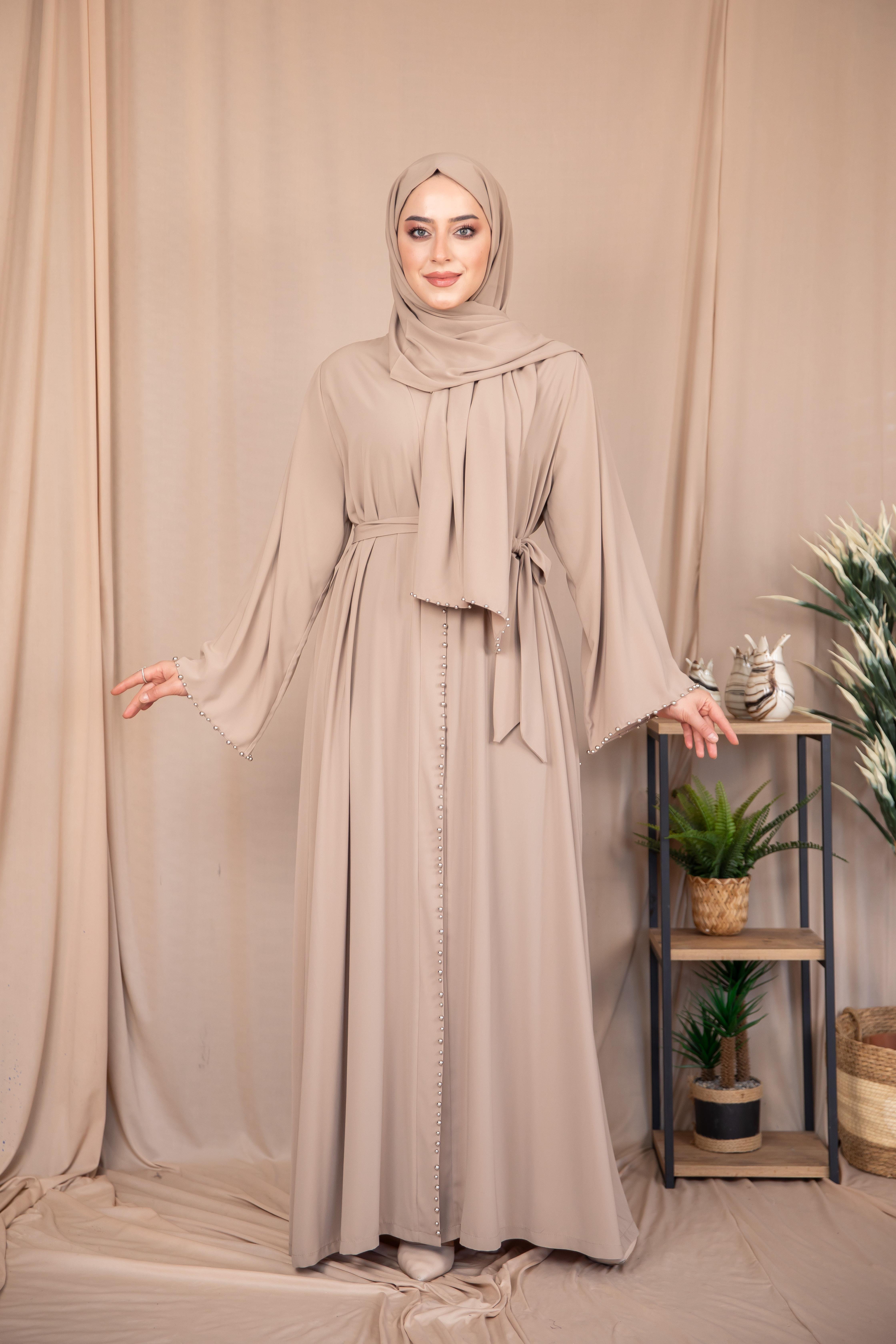 İnci Şeritli Abaya- Bej