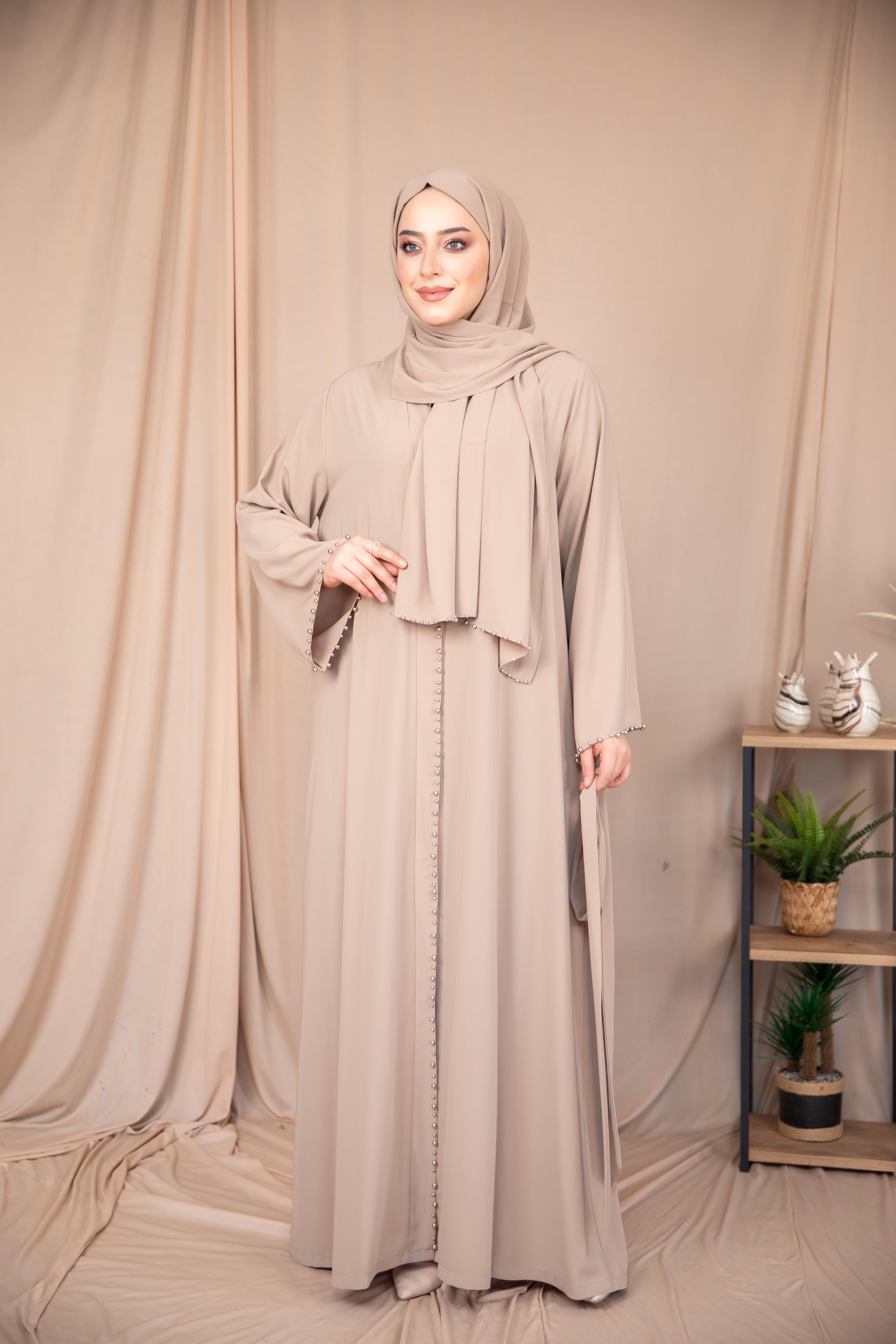 İnci Şeritli Abaya- Bej