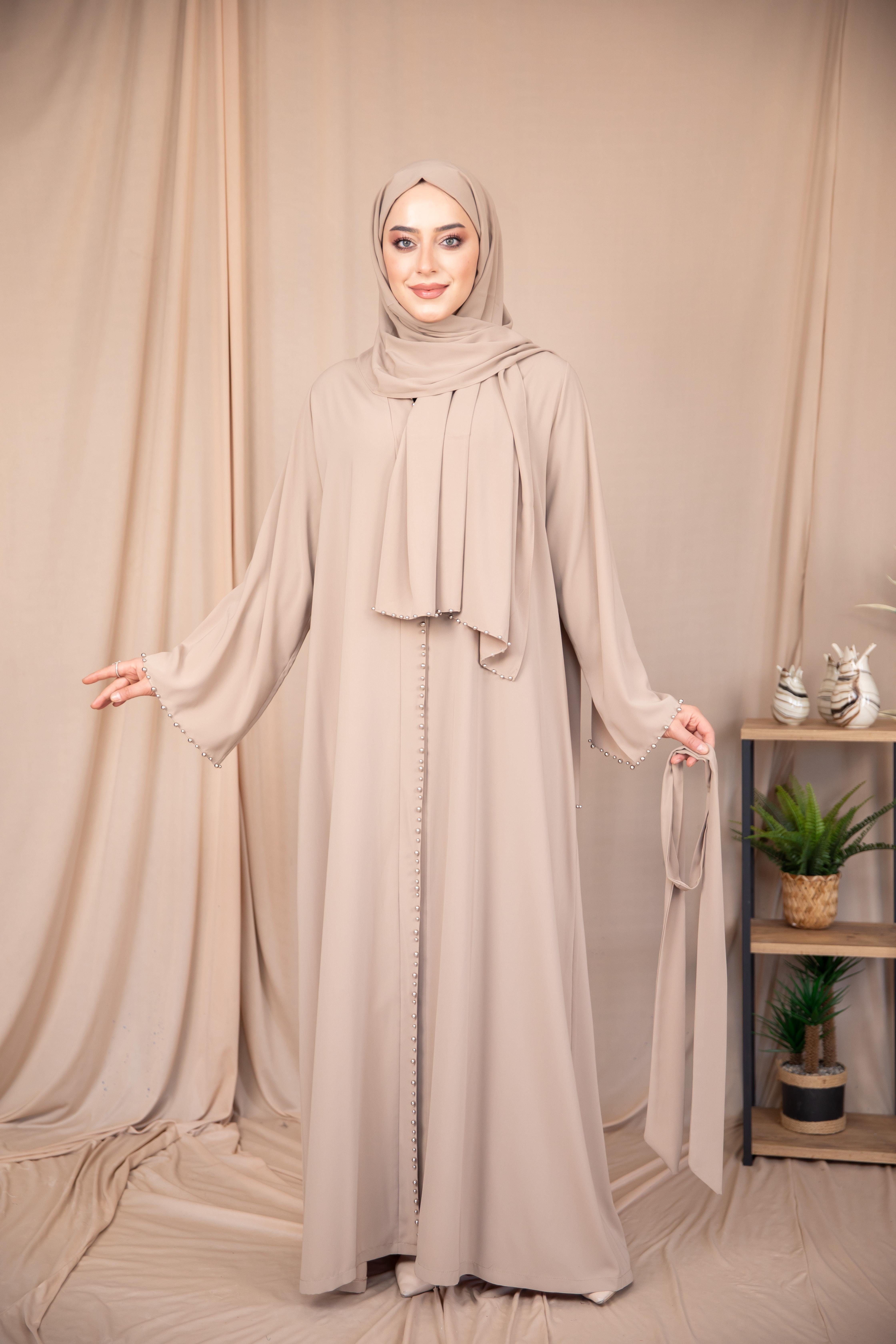 İnci Şeritli Abaya- Bej