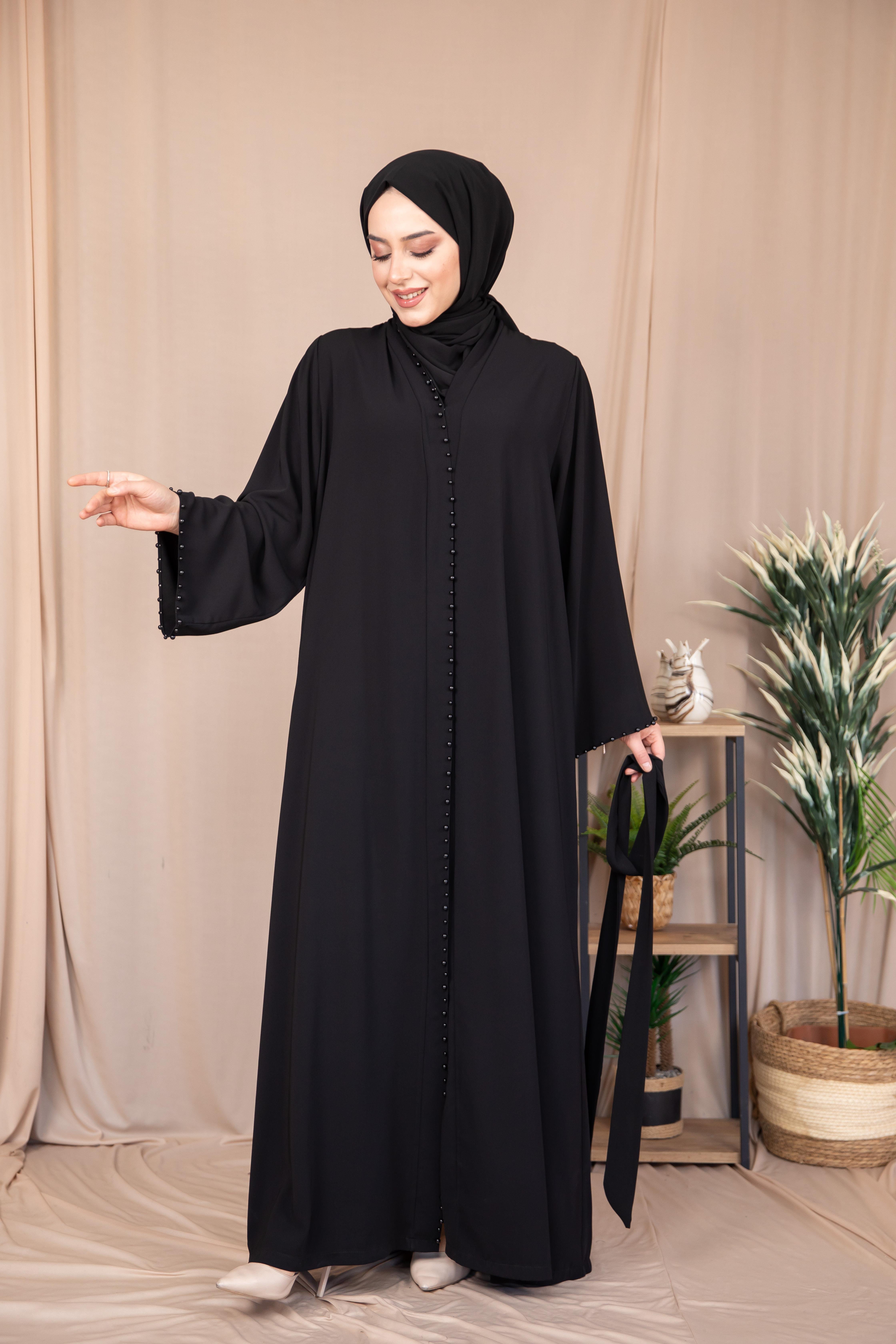 İnci Şeritli Abaya - Siyah