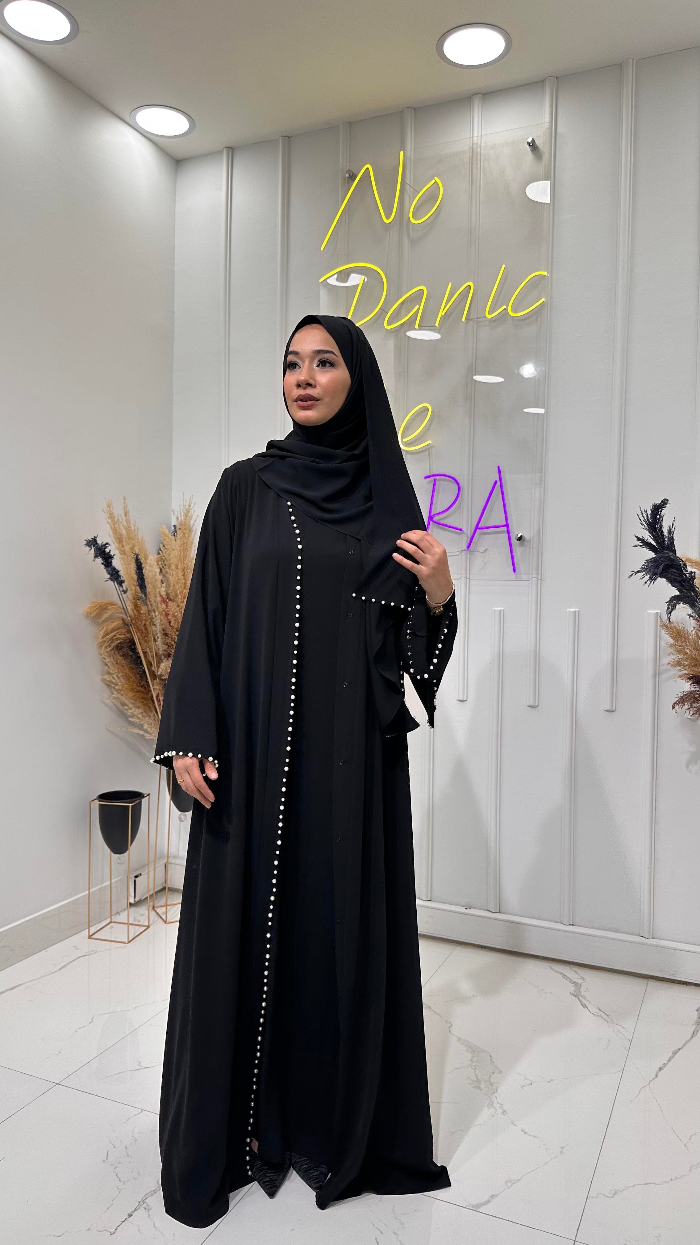 İnci Şeritli Abaya- Siyah