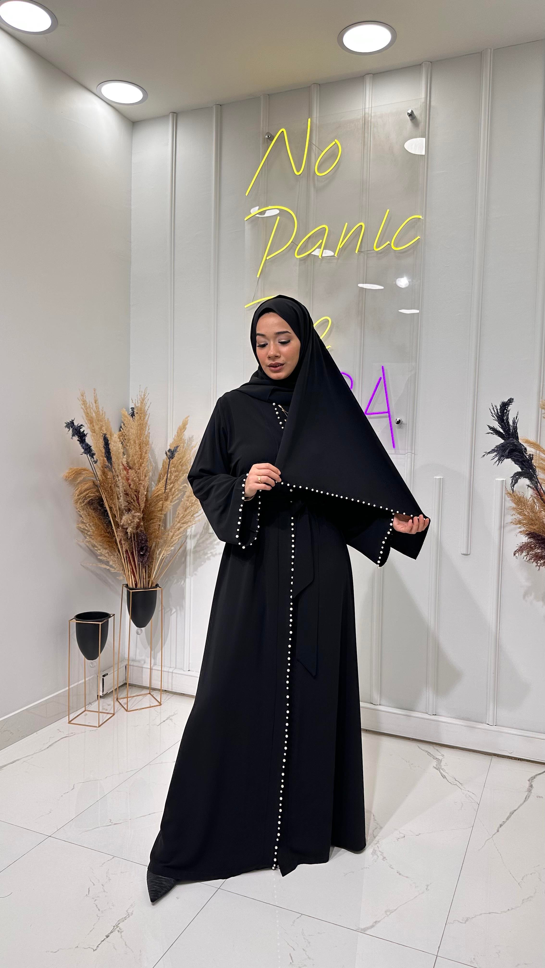 İnci Şeritli Abaya- Siyah