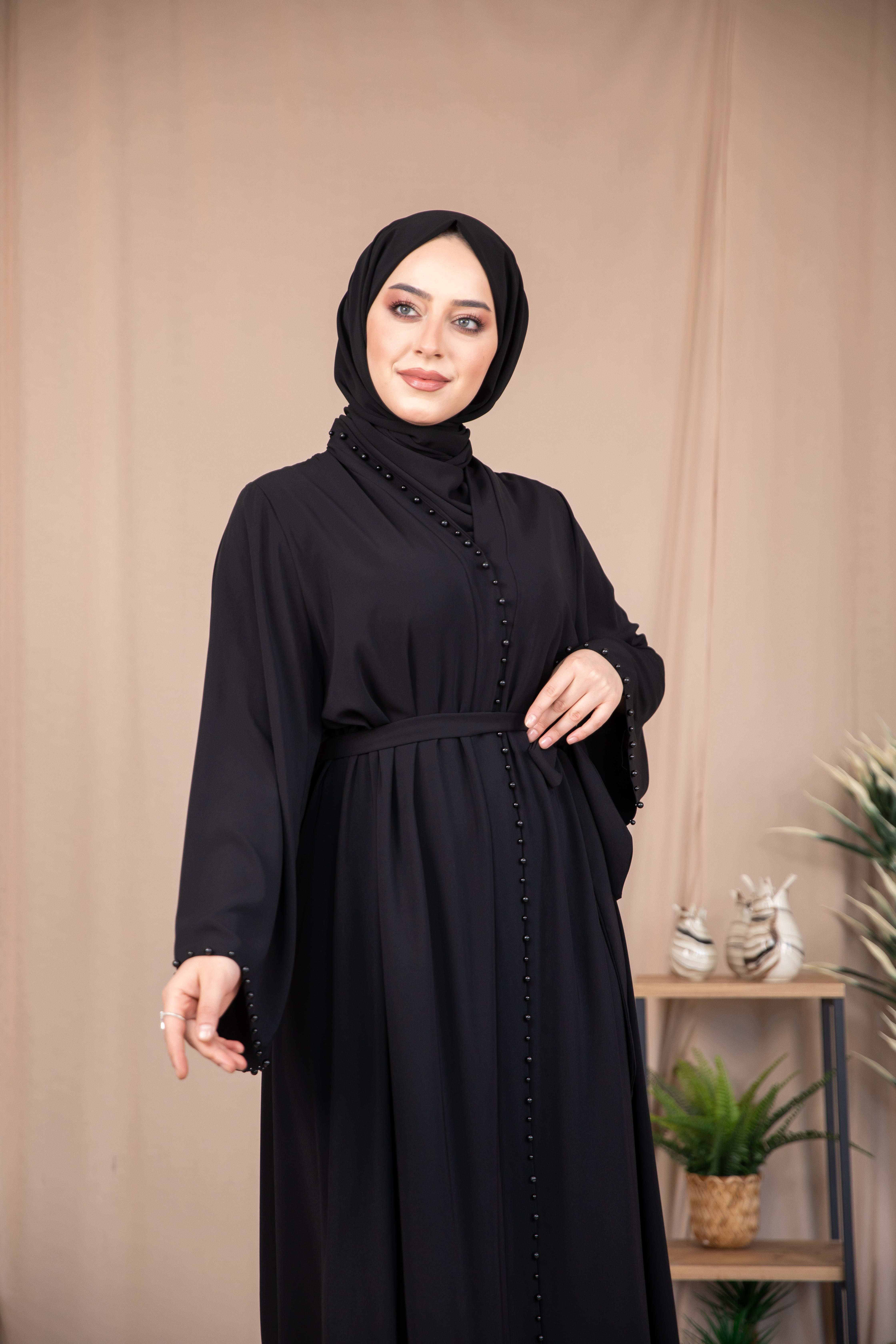 İnci Şeritli Abaya - Siyah