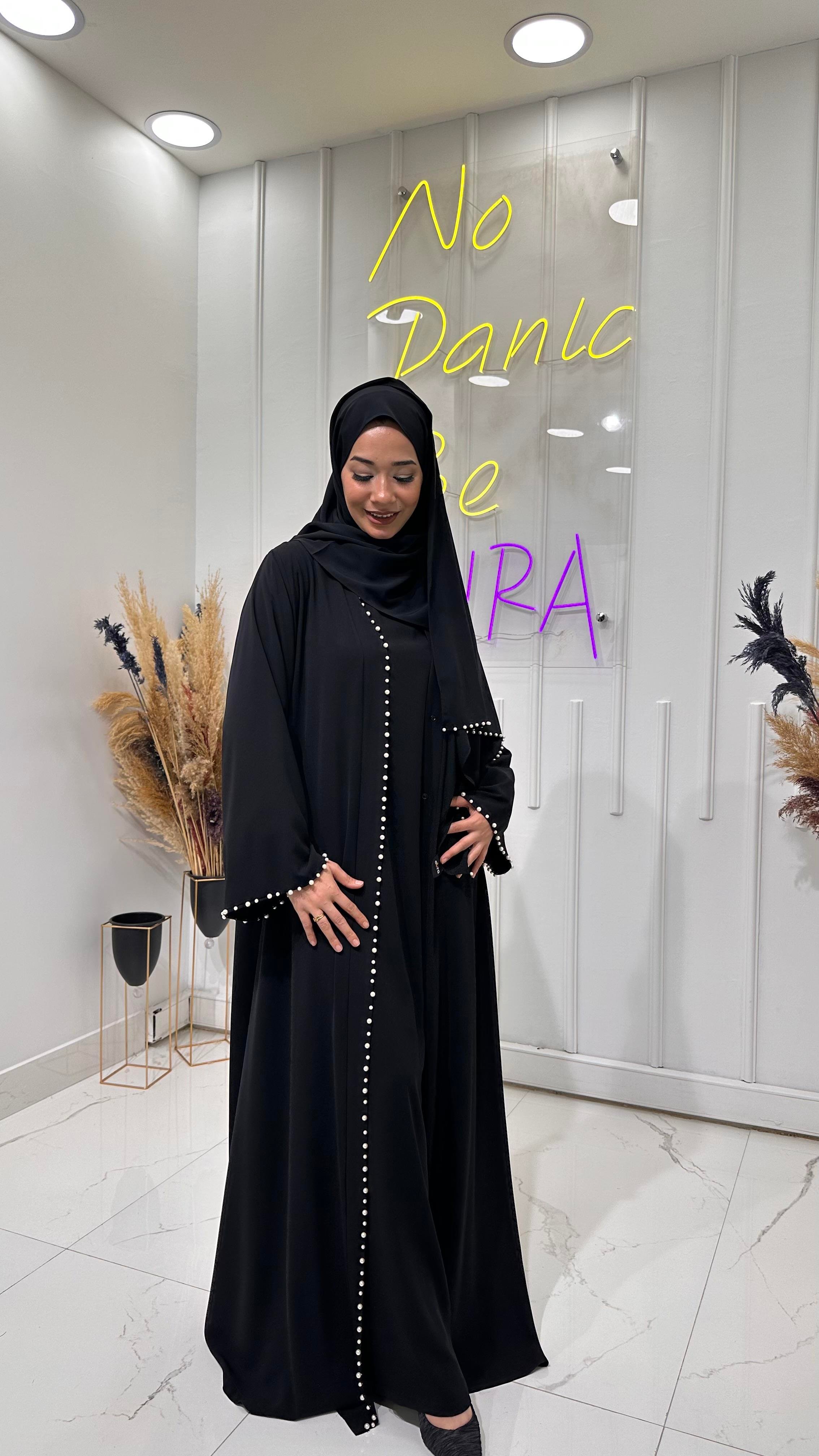 İnci Şeritli Abaya- Siyah