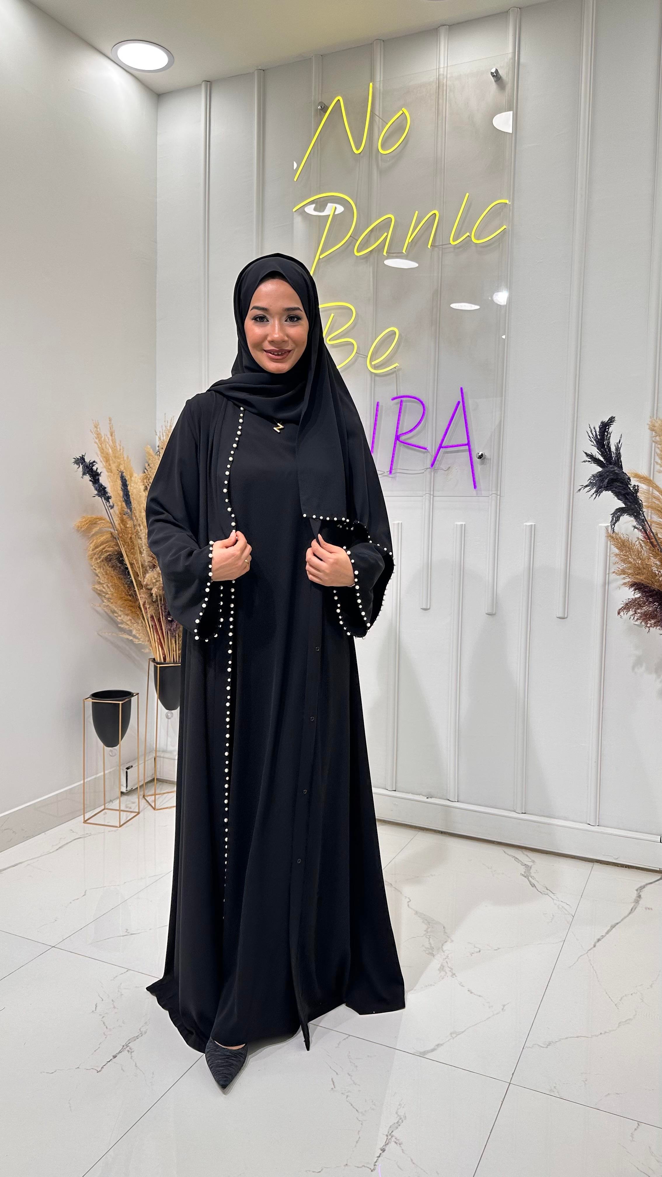 İnci Şeritli Abaya- Siyah