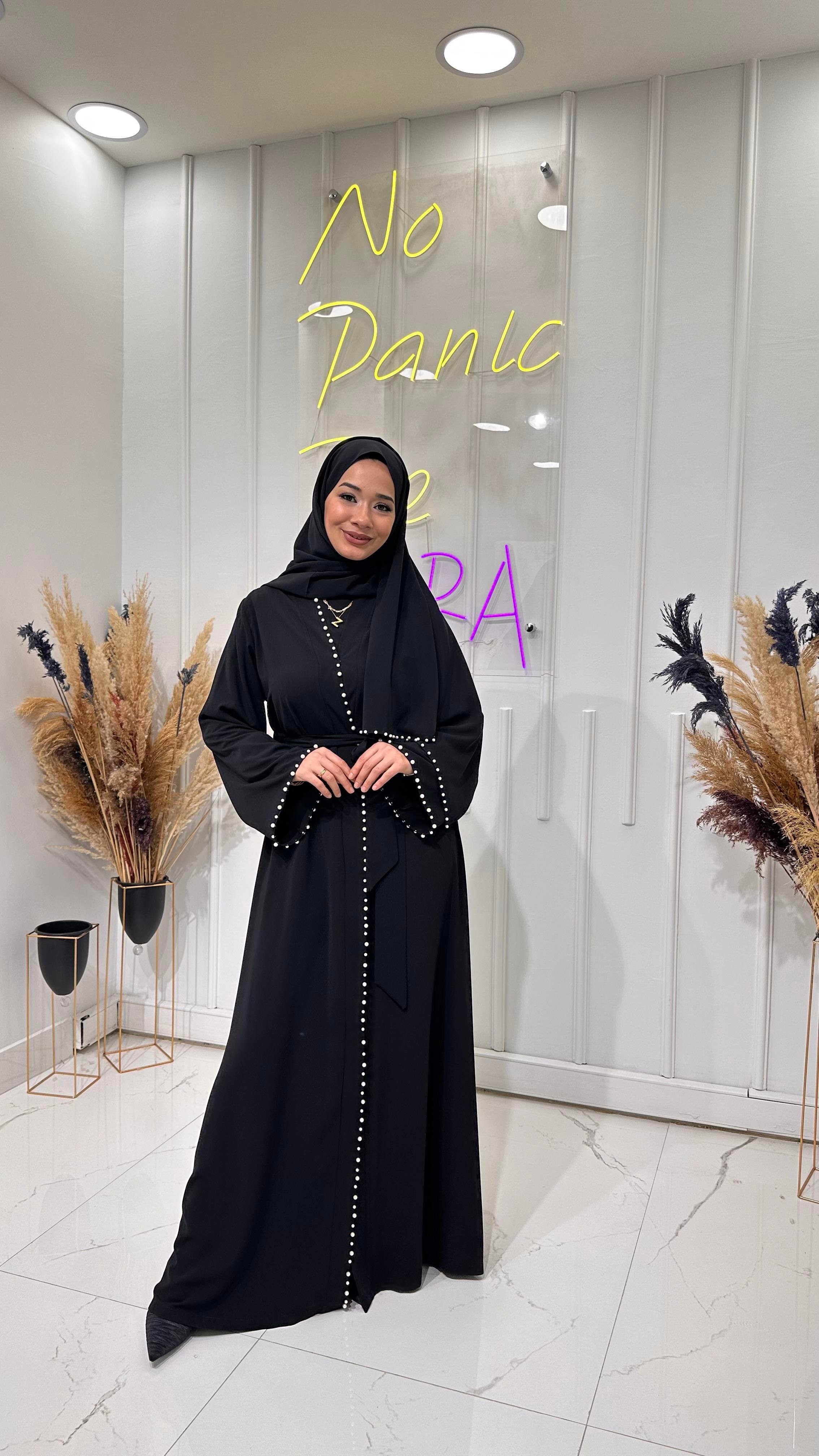 İnci Şeritli Abaya- Siyah