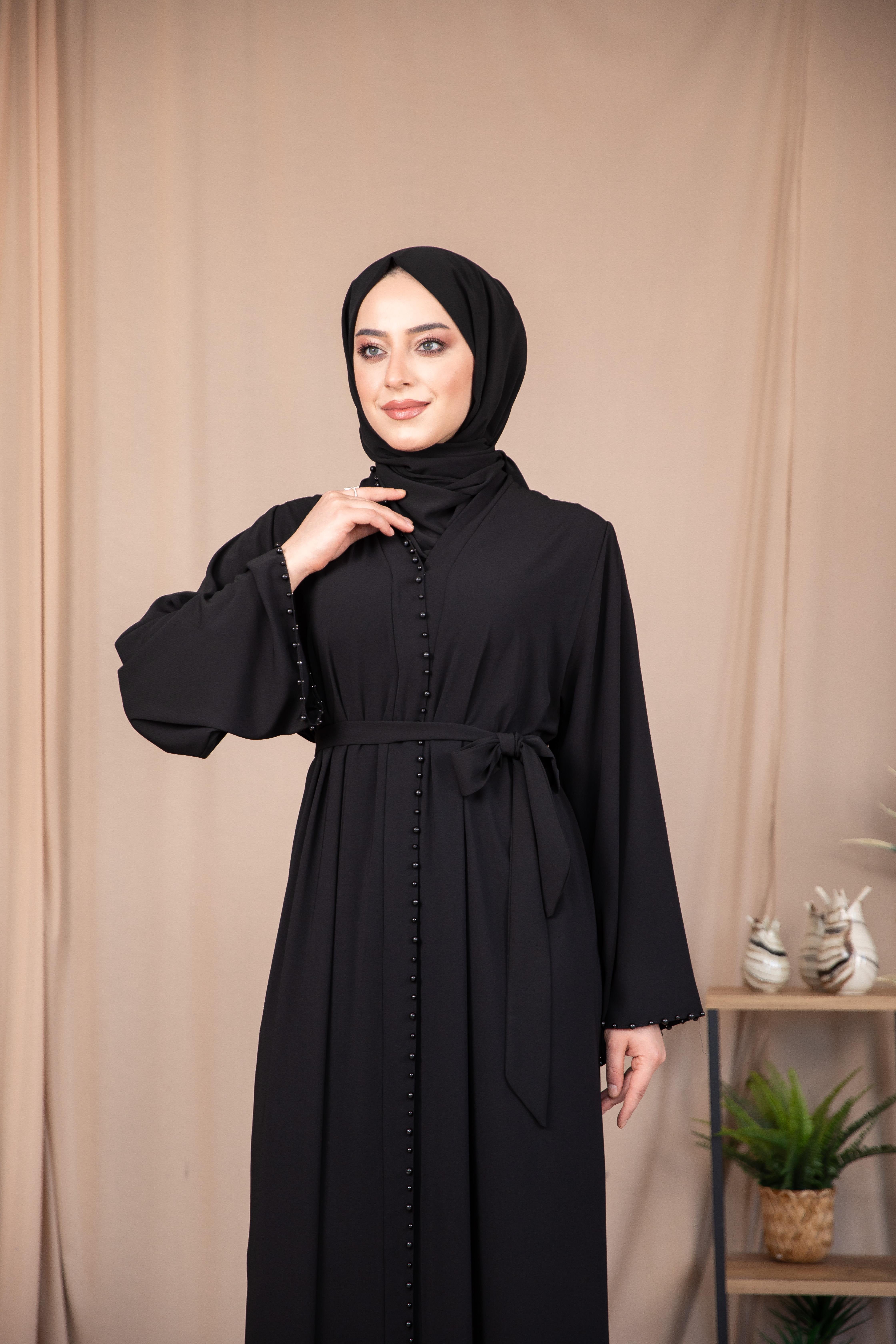 İnci Şeritli Abaya - Siyah
