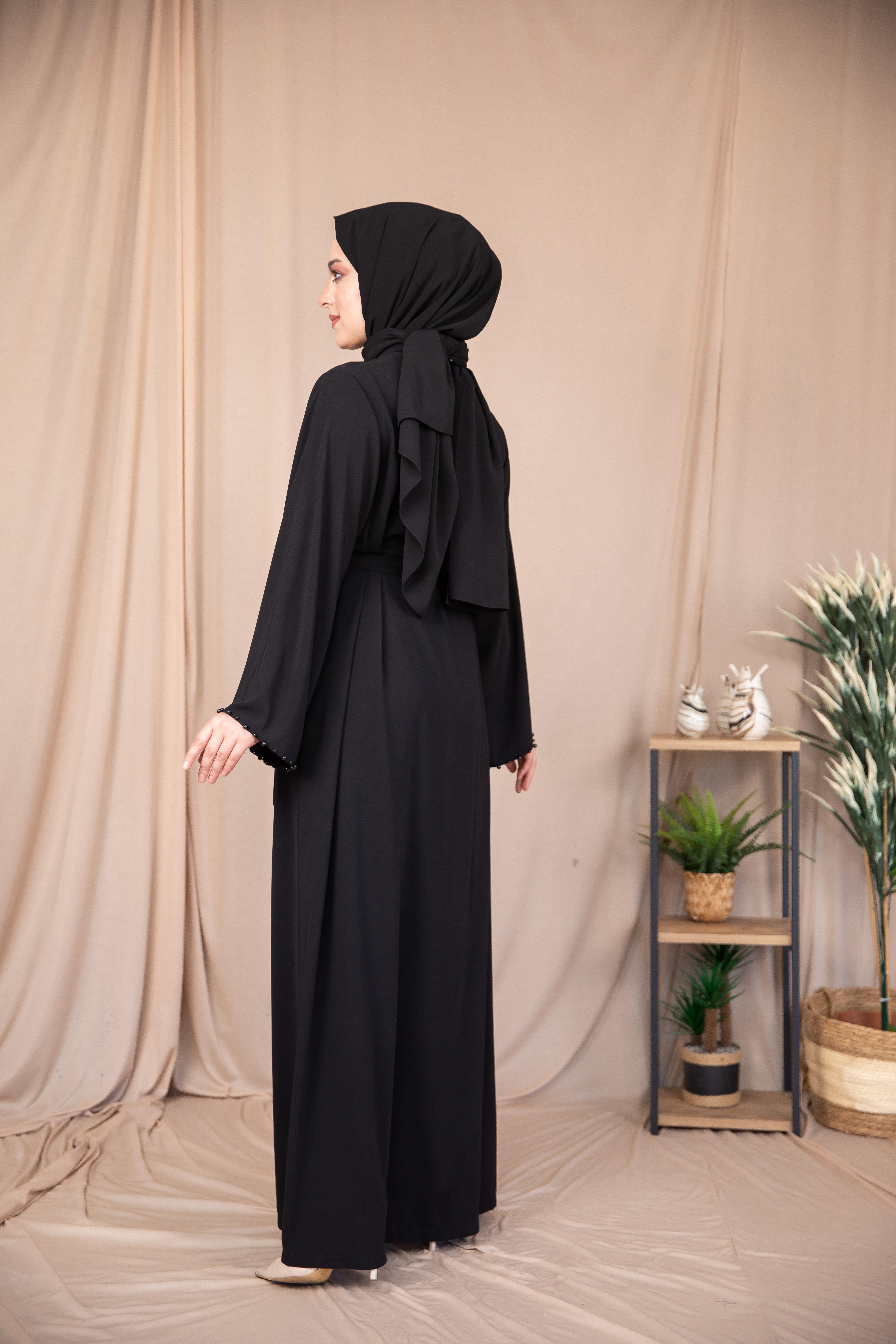 İnci Şeritli Abaya - Siyah