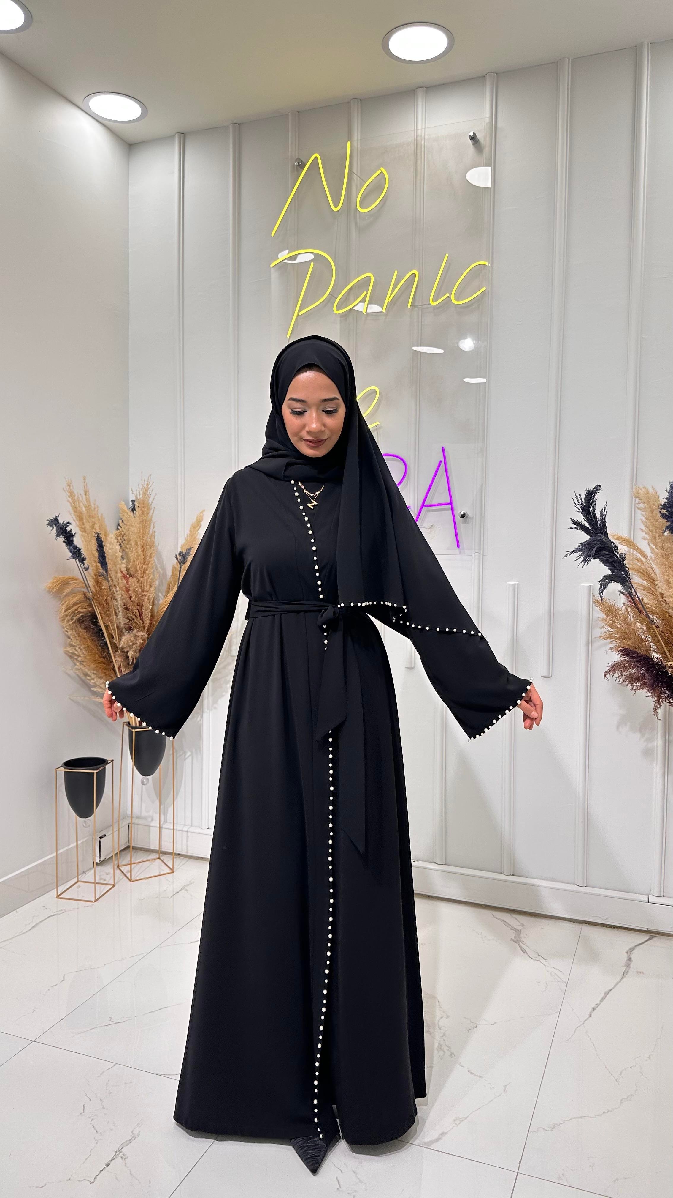 İnci Şeritli Abaya- Siyah