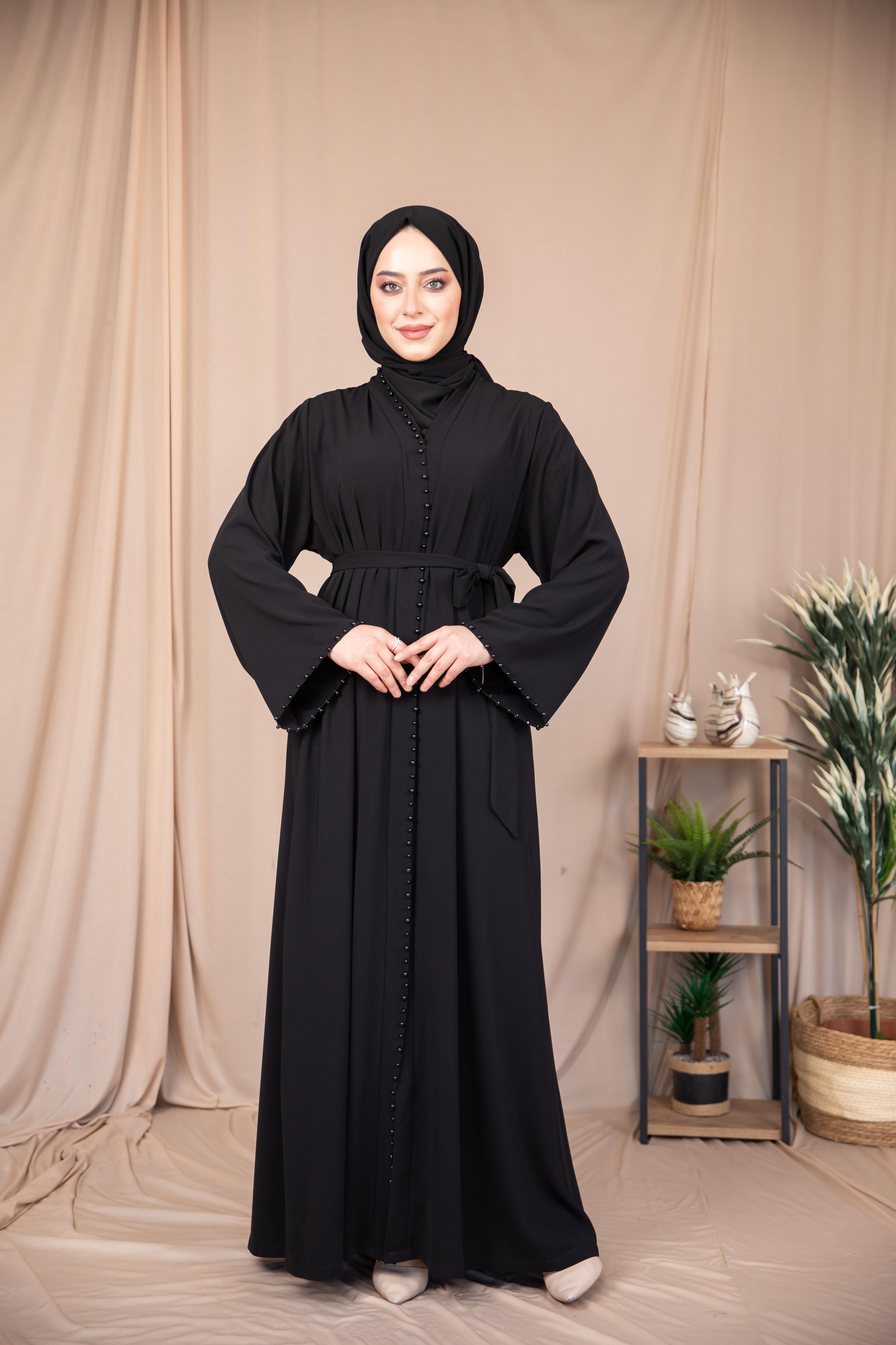 İnci Şeritli Abaya - Siyah