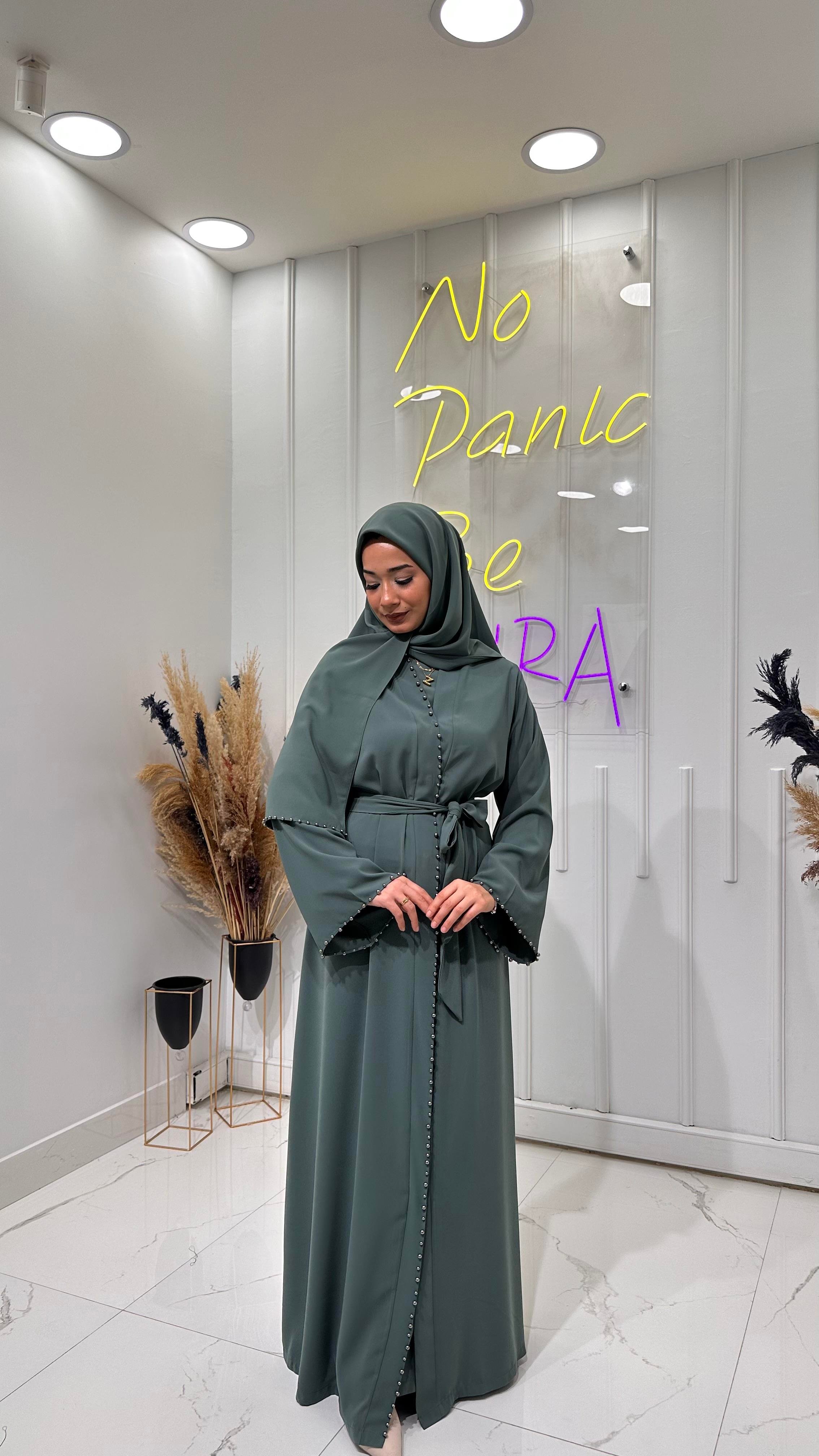 İnci Şeritli Abaya - Su Yeşili 