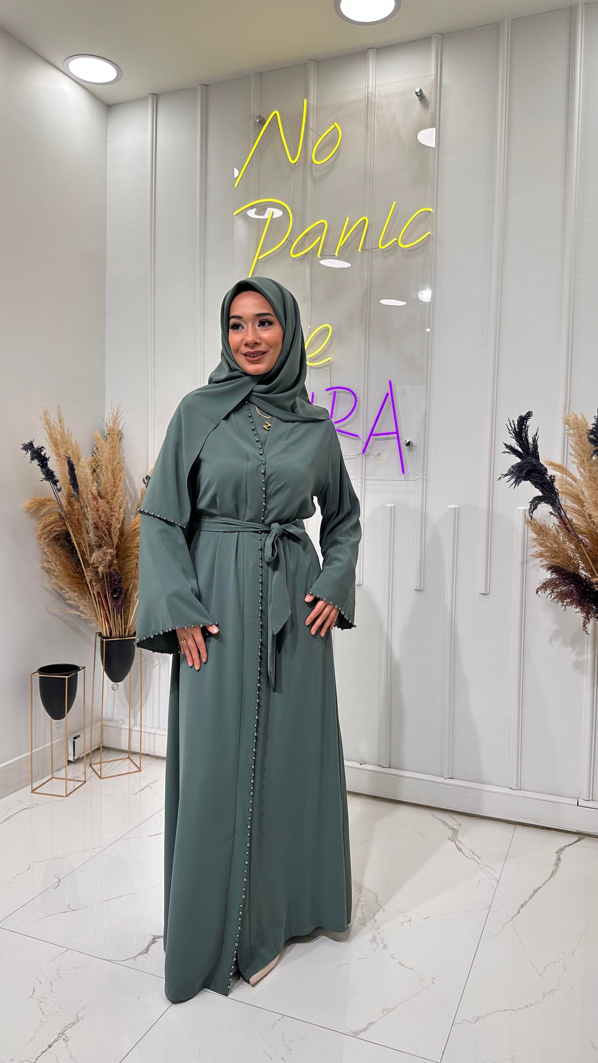 İnci Şeritli Abaya - Su Yeşili 