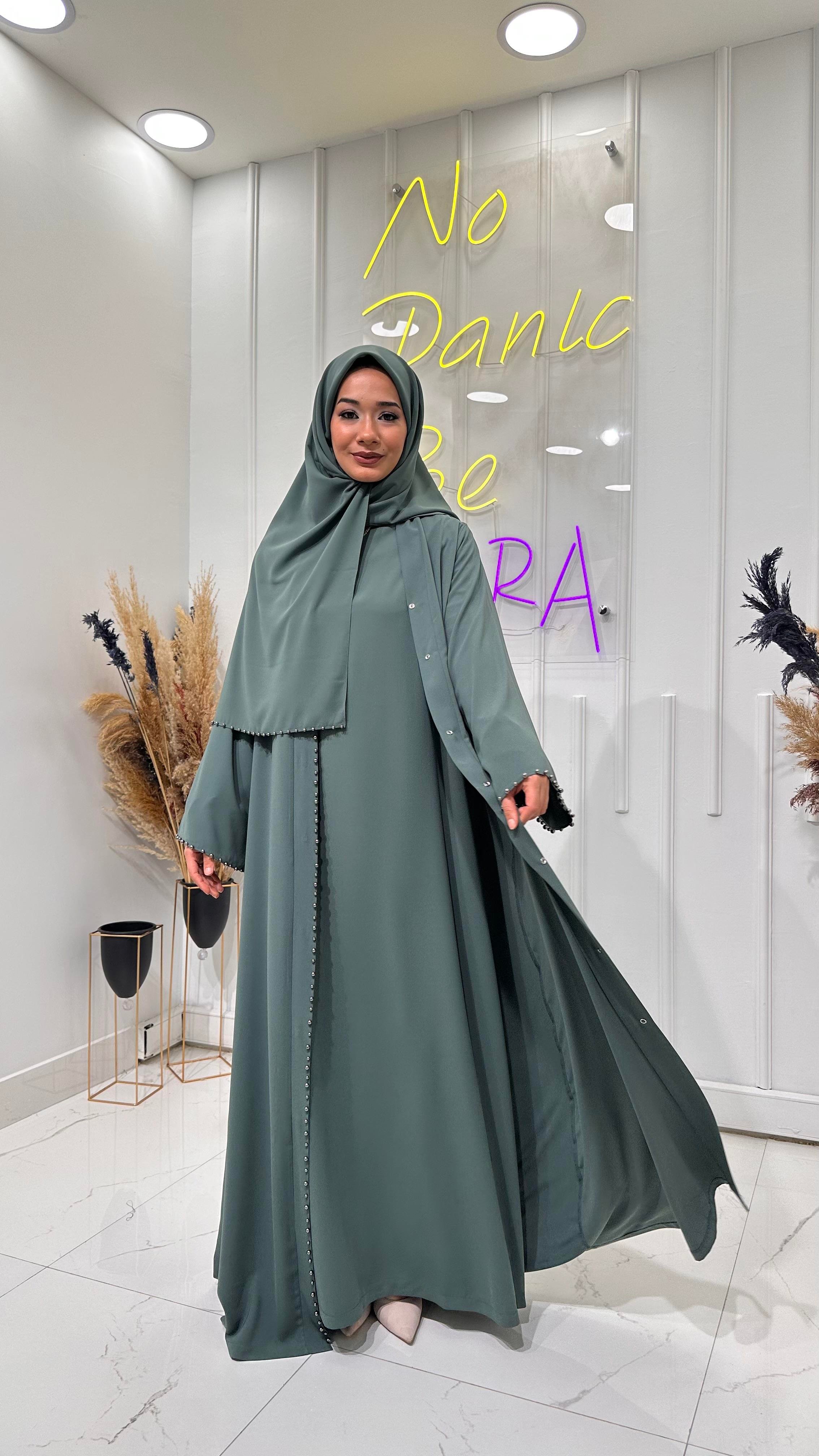 İnci Şeritli Abaya - Su Yeşili 