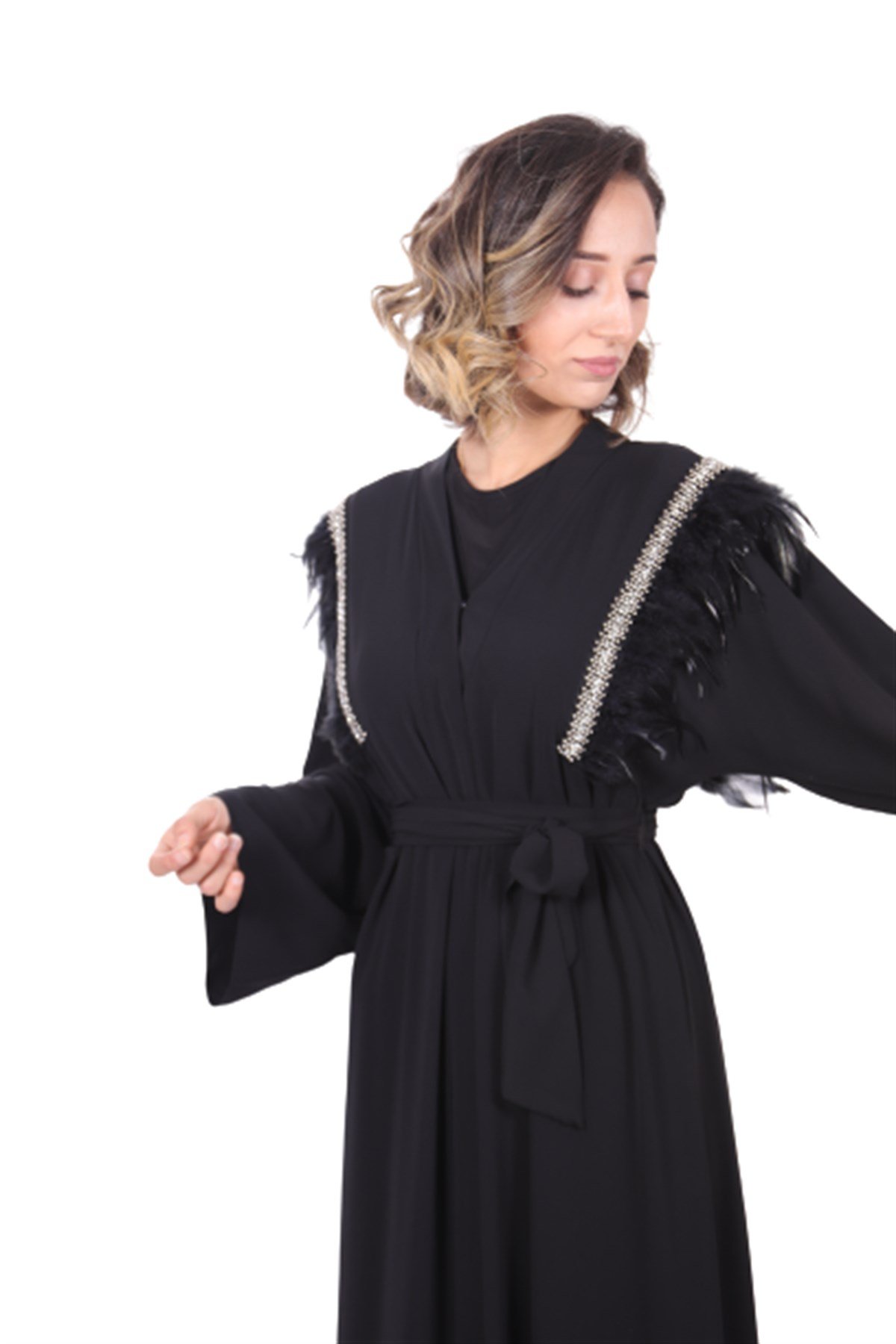 Omuz Tüylü Abaya - Siyah