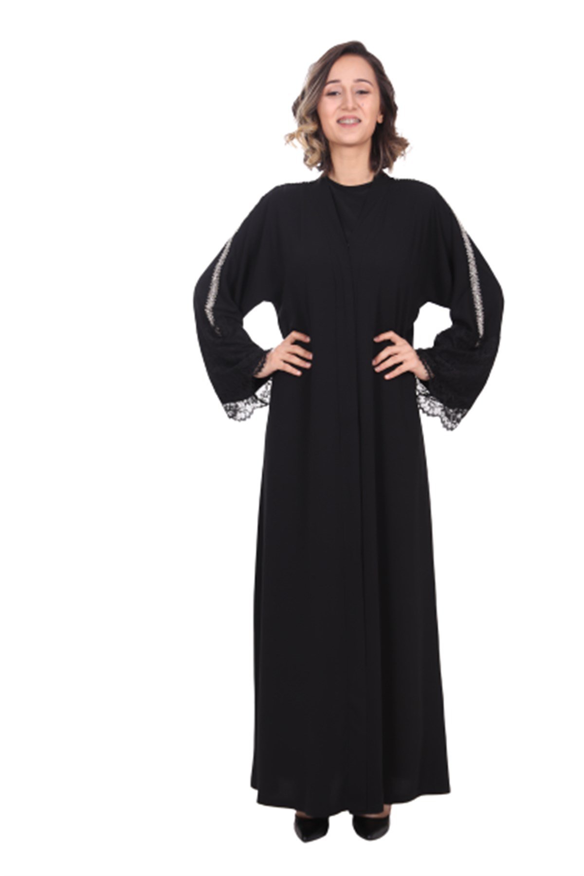 Şerit Taşlı Abaya - Siyah